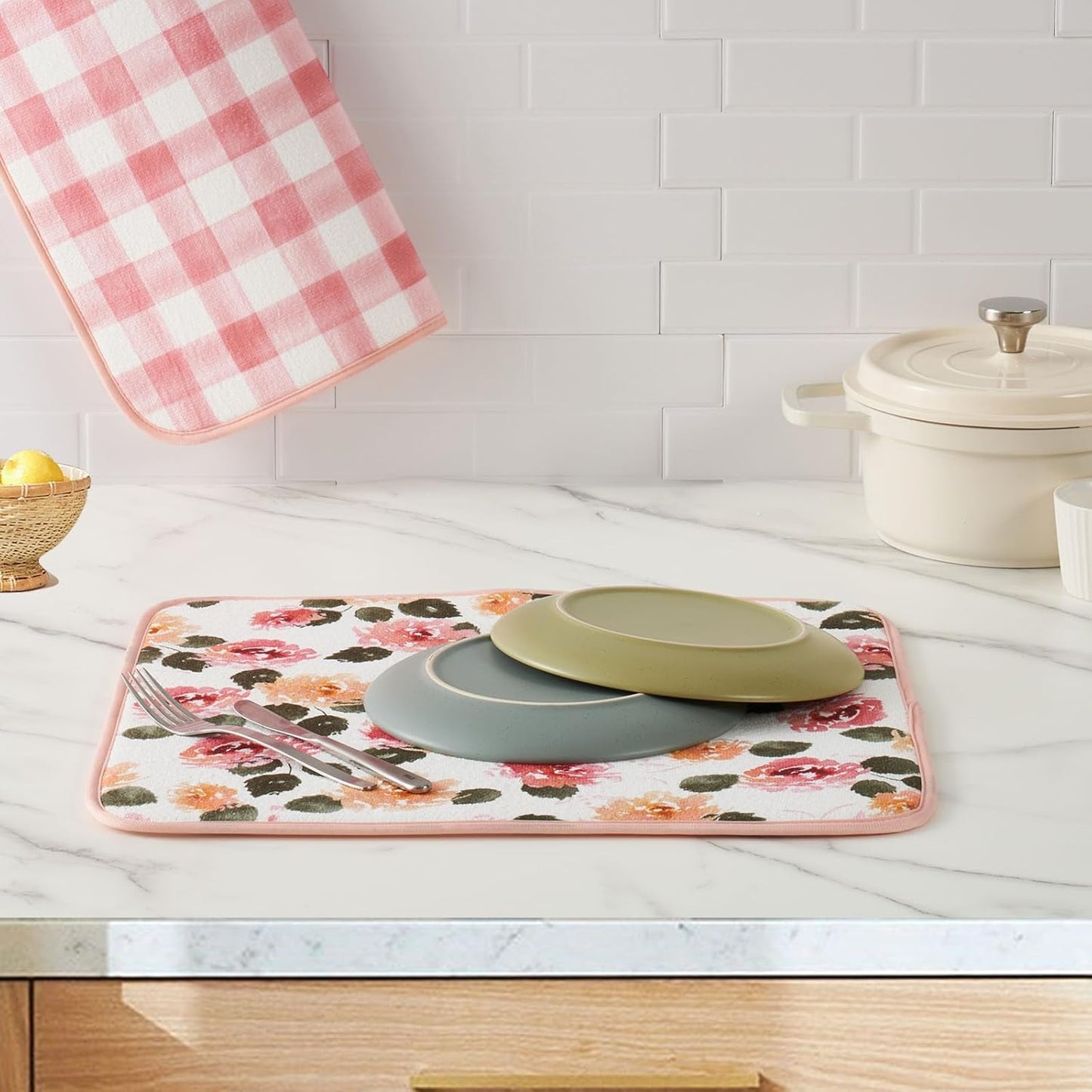 FRESHMINT Printed Dish Drying Mats for Kitchen Counter 2 Pack Absorbent Reversible Drying Mats Microfiber Kitchen Countertop Protector Dishes Drying Pad Extra Large 18"x24" Dish Mat