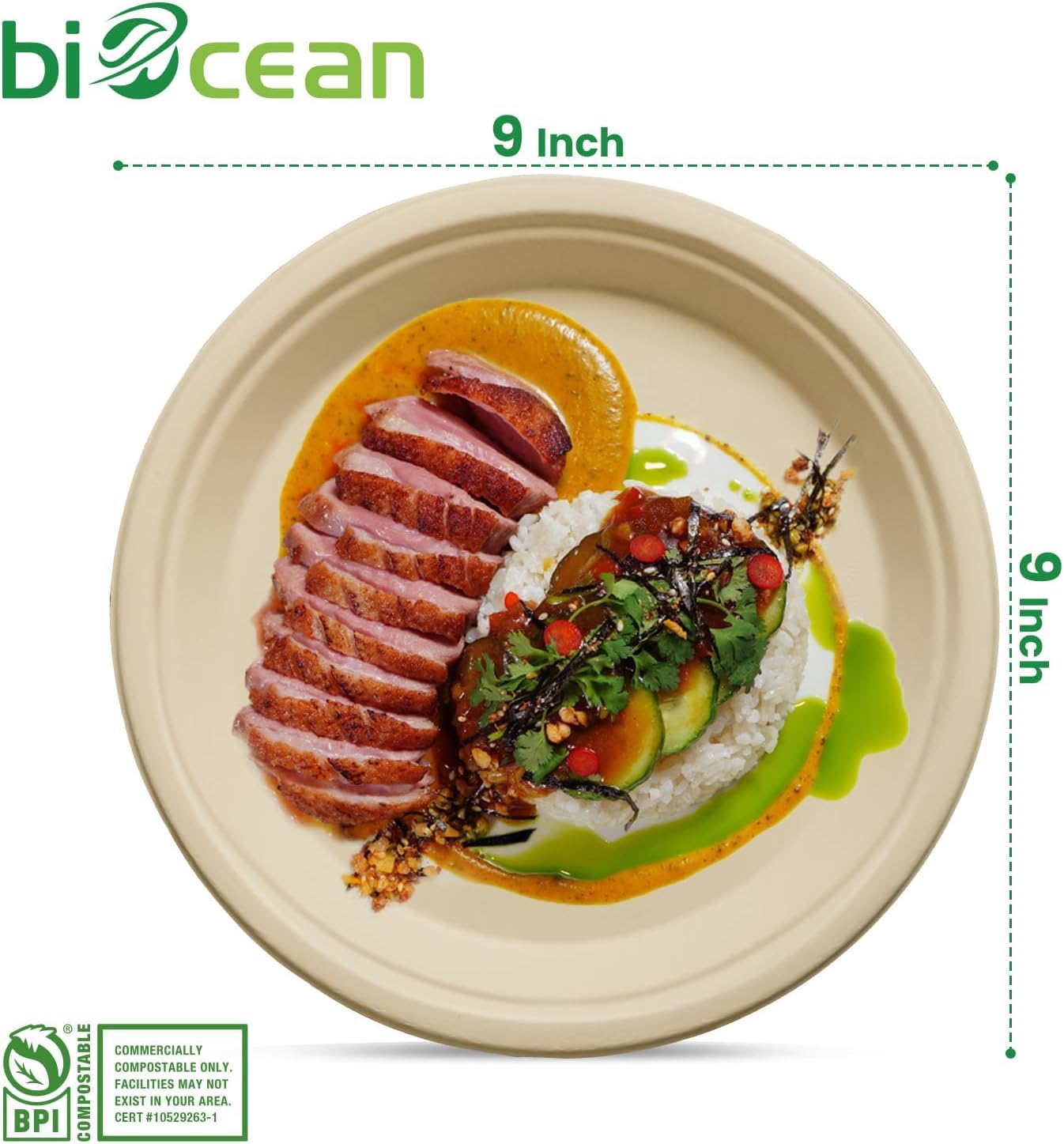 9 Inch Compostable Plates [125 Pack] - Heavy Duty Brown Compostable Paper Plate, Disposable Eco-Friendly Sugarcane Bagasse Plates for Dinner, Party, and Weddings (Round)