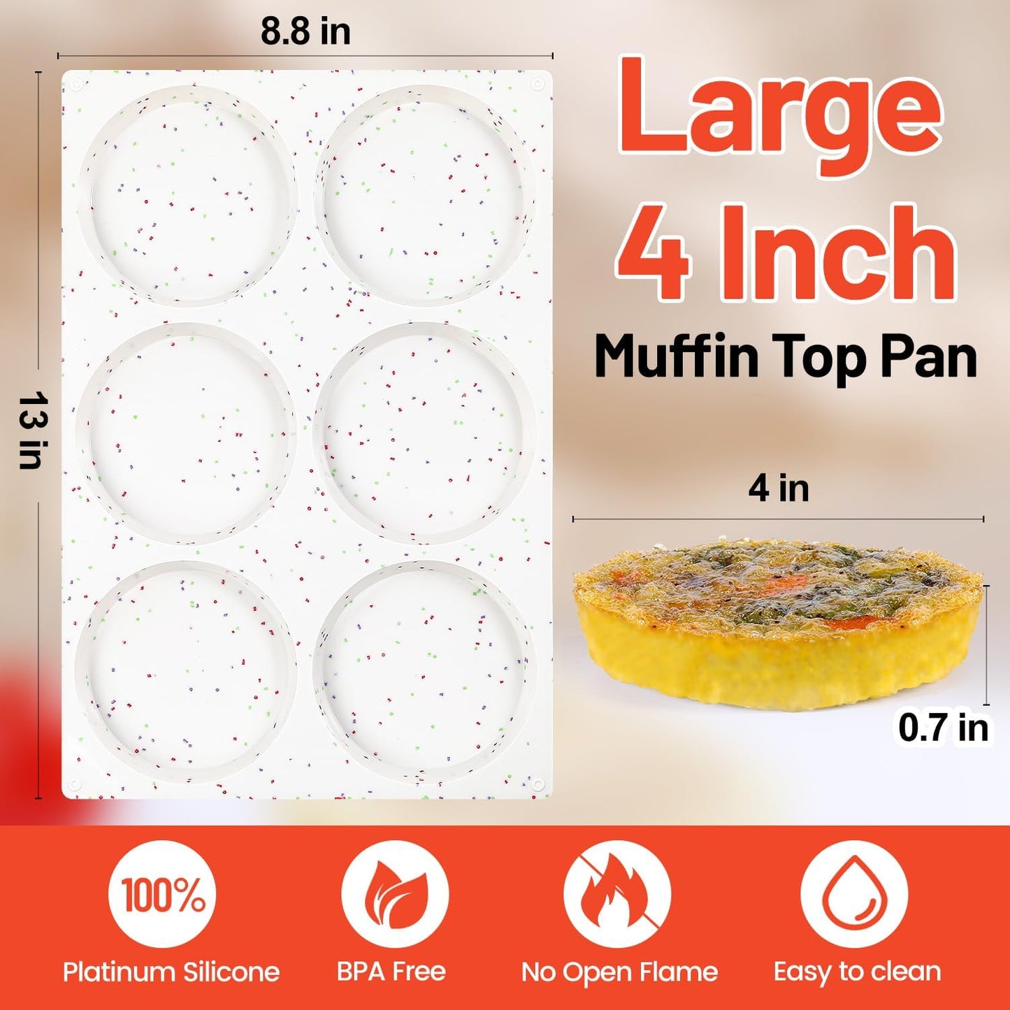 Jumbo Muffin Top Pan, 4 Inch Extra Large Egg Baking Pan for Oven Silicone Molds for Breakfast Sandwiches, English muffins, Whoopie Pies, Corn Bread, Egg bites, 3 Pack Confetti