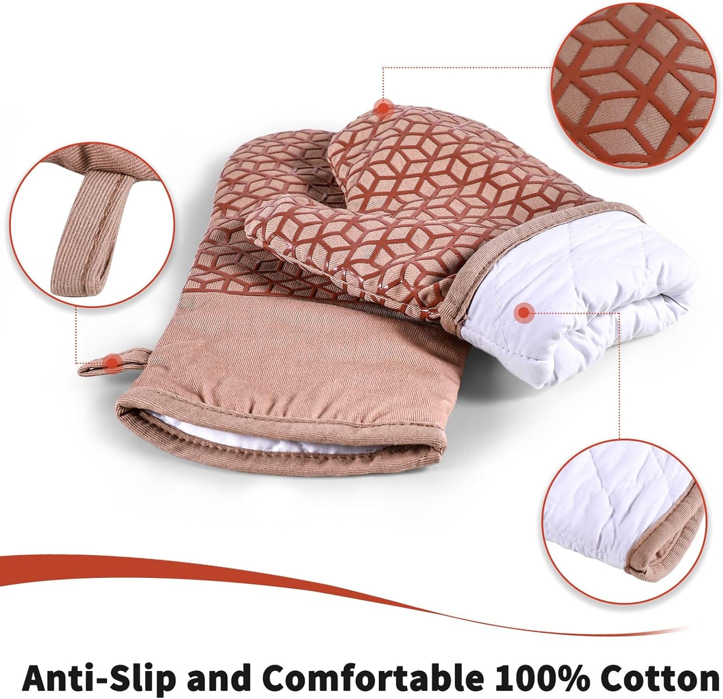 Oven Mitts And Pot Holders Set 6Pcs,Kitchen Oven Glove,High Heat Resistant 500°F Large Size Oven Mits And Potholders With Soft Cotton Lining And Non-Slip Silicone Surface For Cooking (Brown)