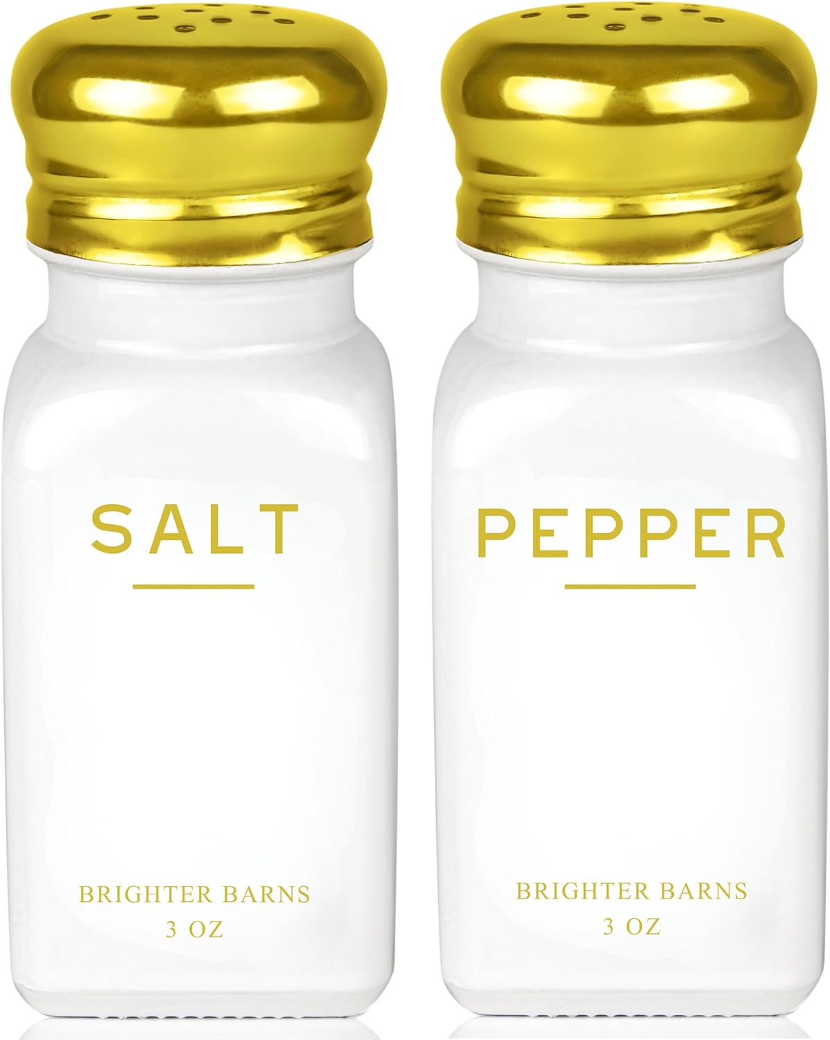 Gold Salt and Pepper Shakers Set by Brighter Barns - Modern Kitchen Decor, White and Gold Kitchen Decor & Accessories - Vintage Glass Shakers with Stainless Steel Lids for Home, Restaurant