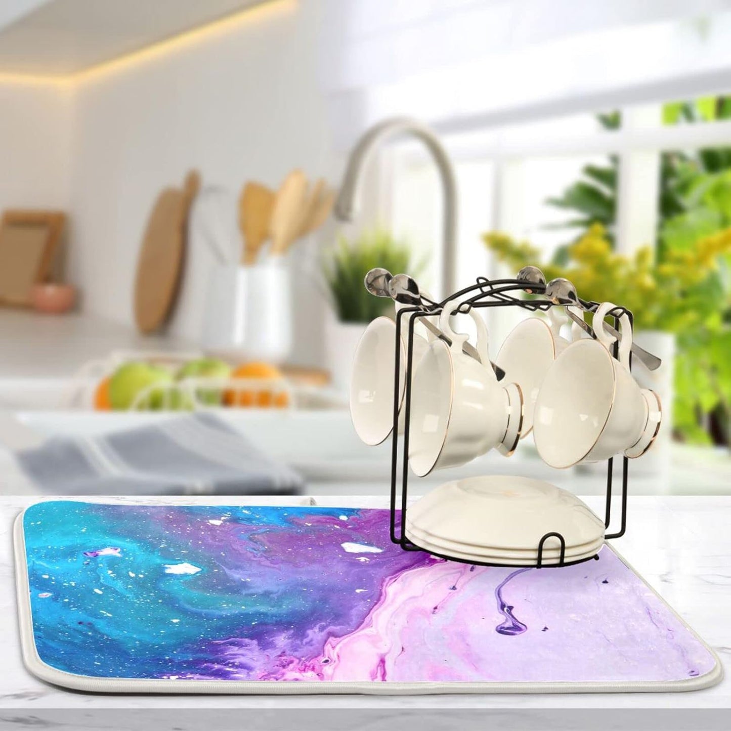 Super Absorbent Dish Drying Mat, Microfiber Fast-Drying Dish Mat, 24" x 18", Kitchen Dish Drying Pad, Abstract Purple Blue Marble