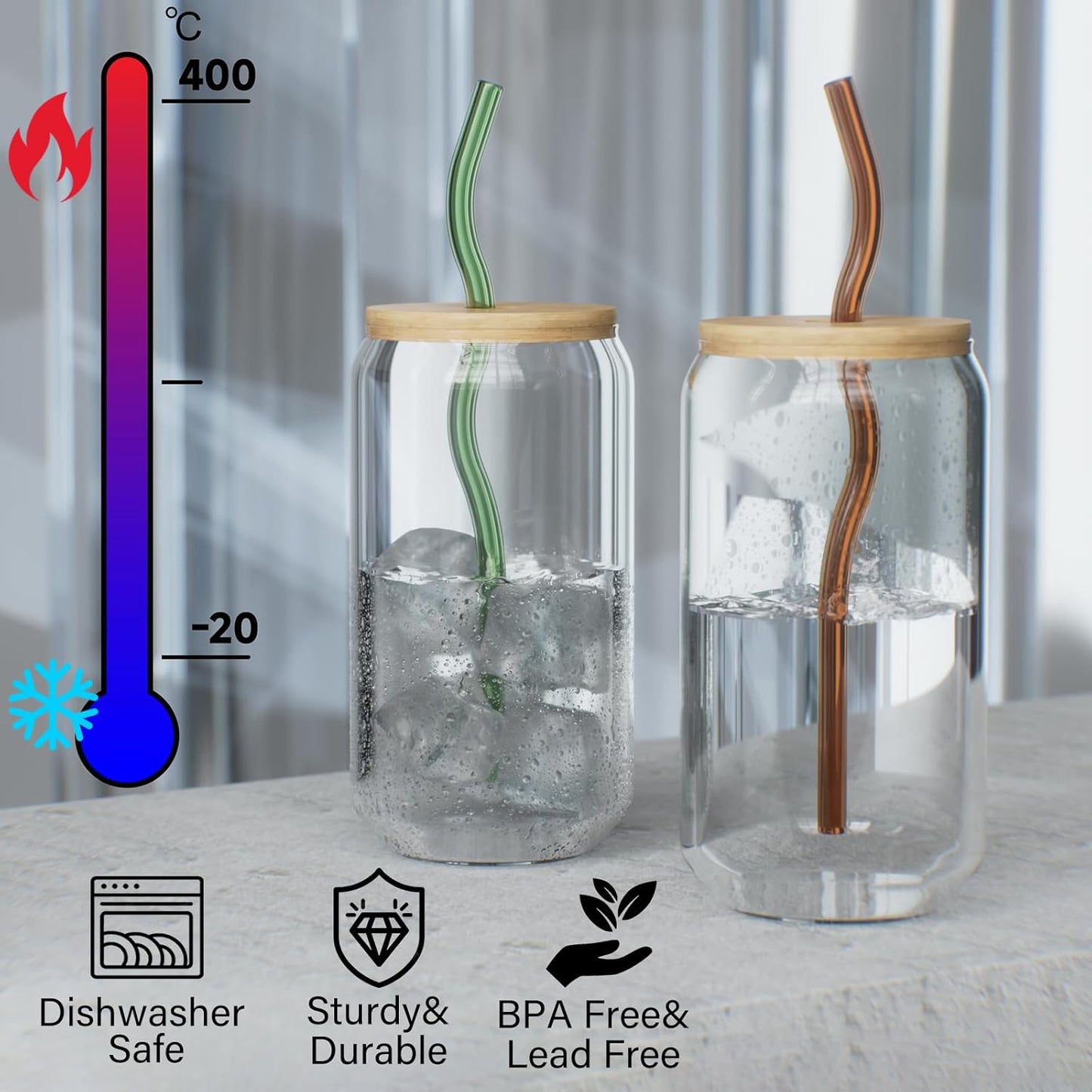 Reusable Glass Straws Sets of 8 Wavy Colorful Drinking Straw with 2 Cleaning Brushes, 8 inches 0.3" Thick Clear Straws High Borosilicate Glass Straw for Tumblers 10 Pack Gift Wrap