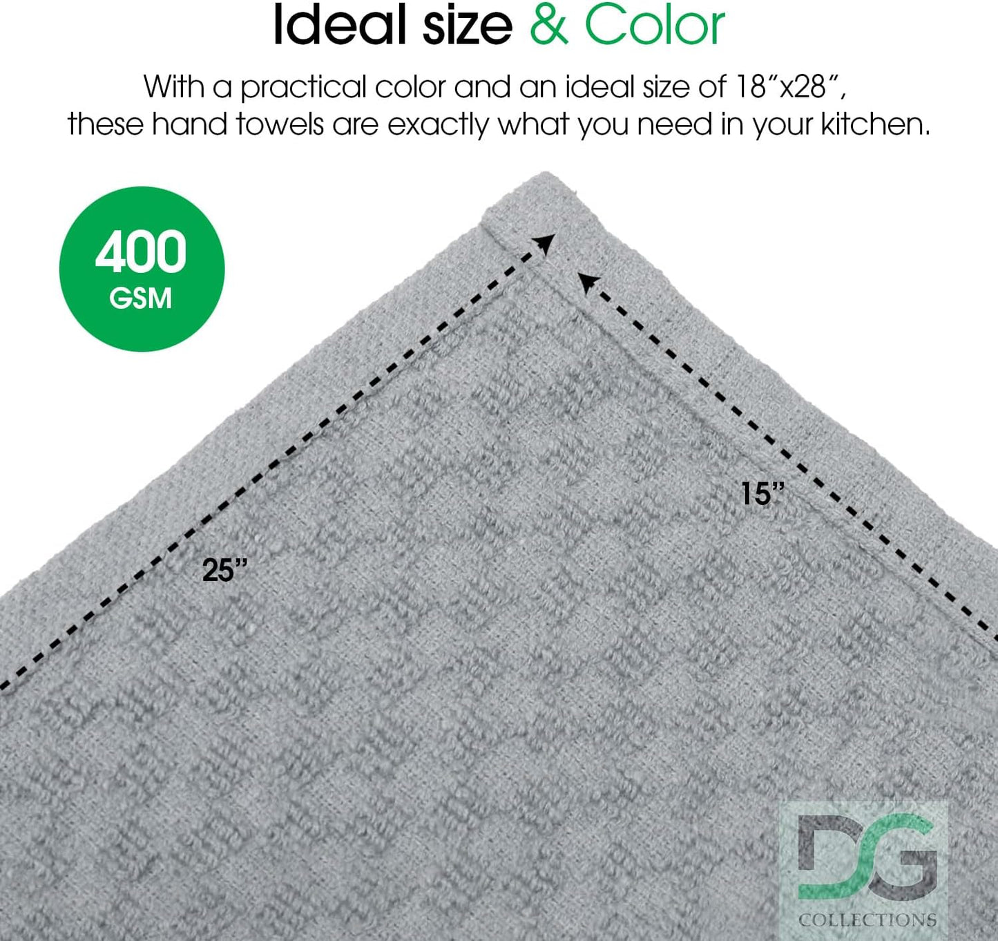 DG Collections Ash Grey Kitchen Towels - 100% Cotton Terry Tea Towels for Cleaning, Drying, and Highly Absorbent Kitchen Dish Cloth for Bar Cleaning - 8 Pack - 15 x 25 Inches