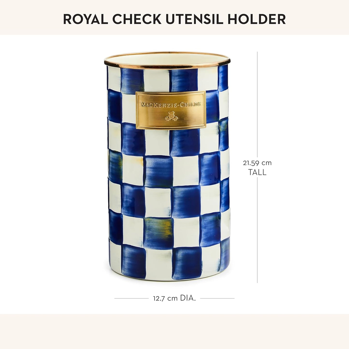 MACKENZIE-CHILDS Enamel Utensil Holder, Kitchen Utensil Holder for Countertop, Storage Caddy, Blue-and-White Royal Check