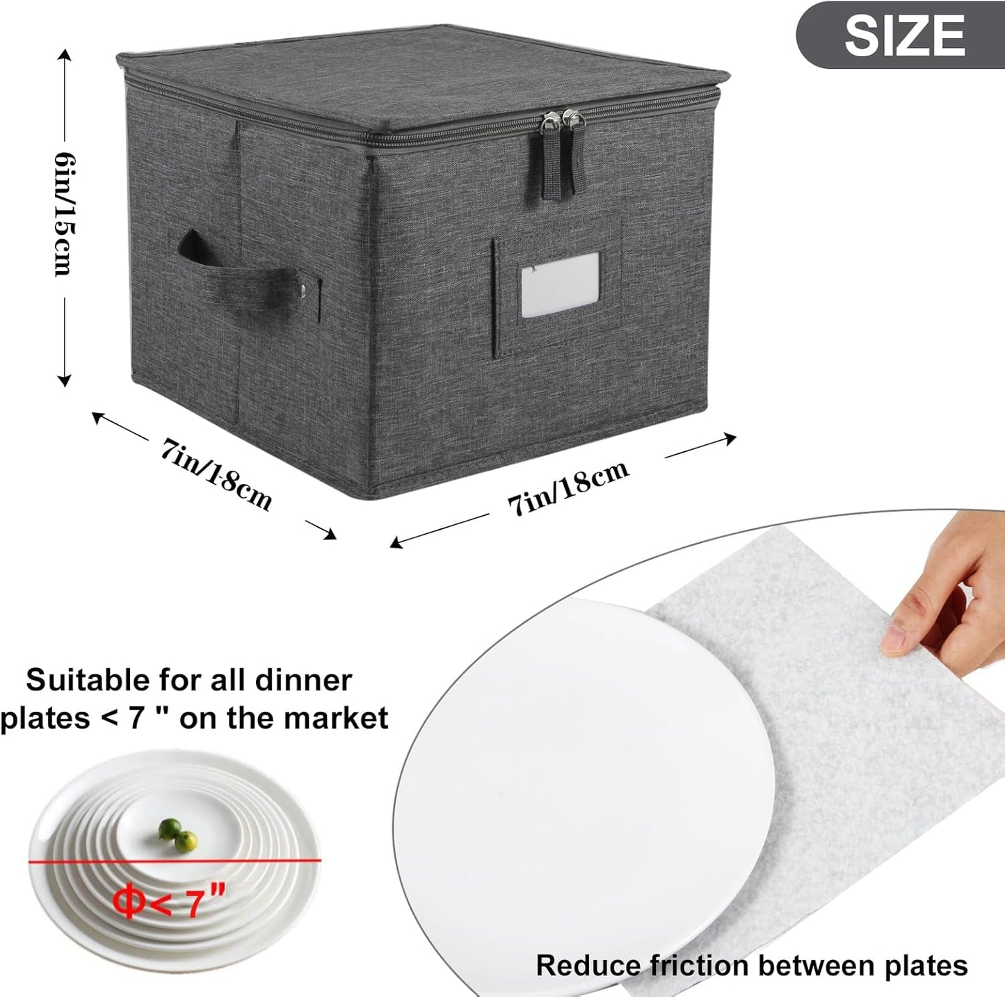 popoly 7" Saucer Storage Case 2 Pack, China Storage Container with 24 Felt Dividers for Bowls and Appetizer Plates, Stackable with Hard Shell on all sides (Grey)