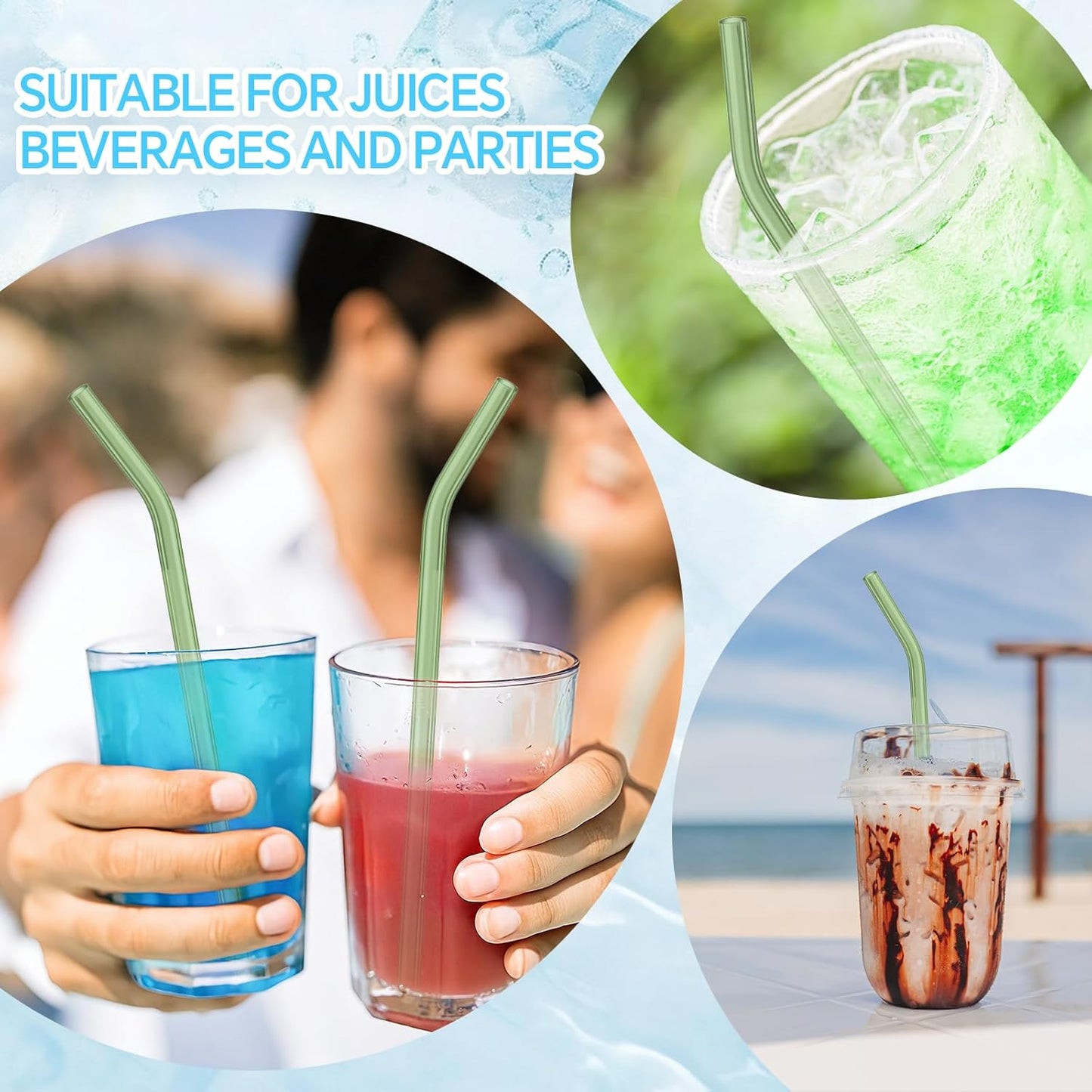 12 Pcs Reusable Glass Straws 8"x 8 mm Bent Glass Drinking Straws with Cleaning Brush for Tea, Smoothies, Milkshakes, Juices,Beverages(aqua)