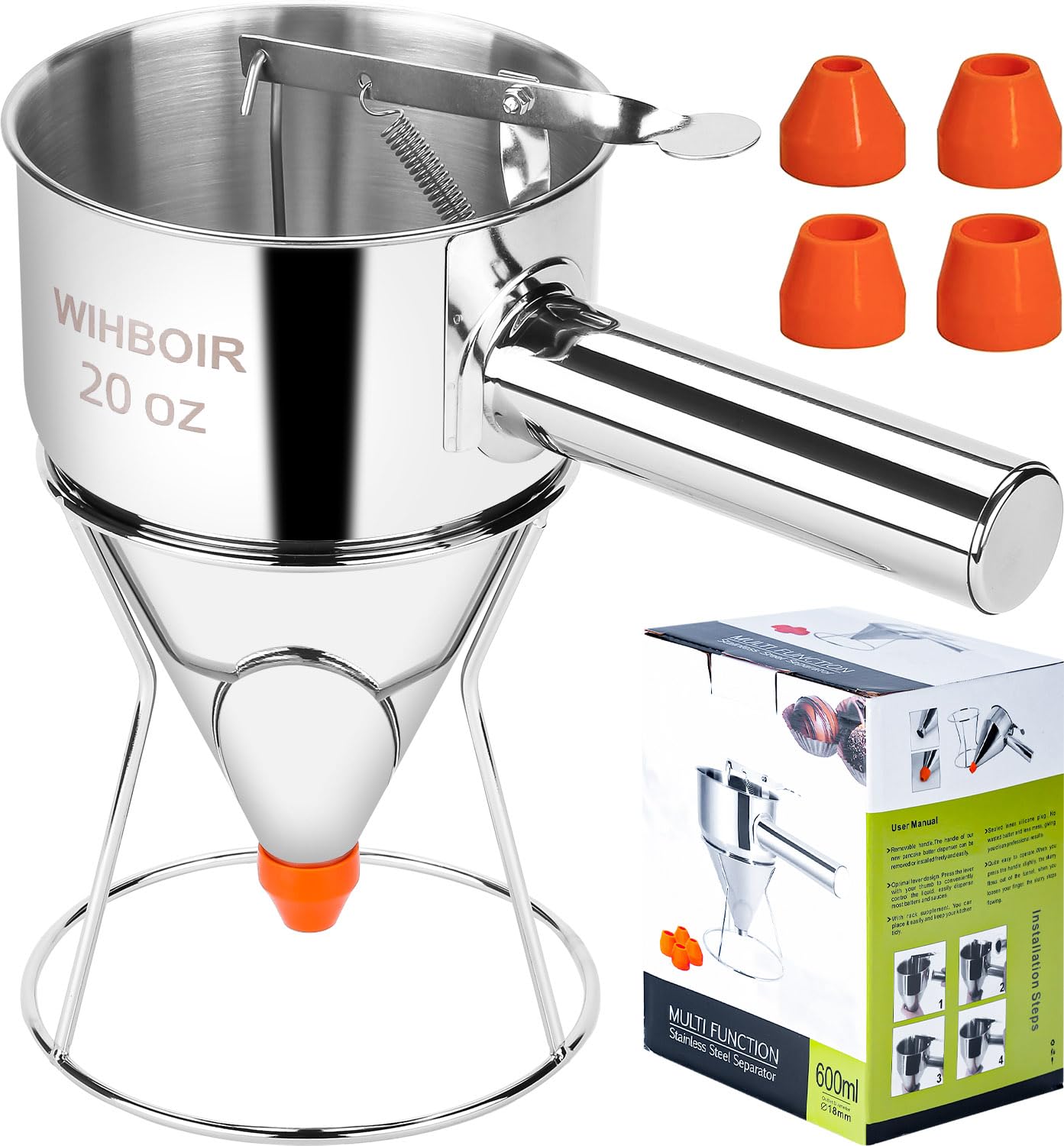 Stainless Steel Pancake Batter Dispenser with Squeeze Handle and Multi-Nozzle, for Pancakes, Cupcakes, and Baked Goods. 20 oz