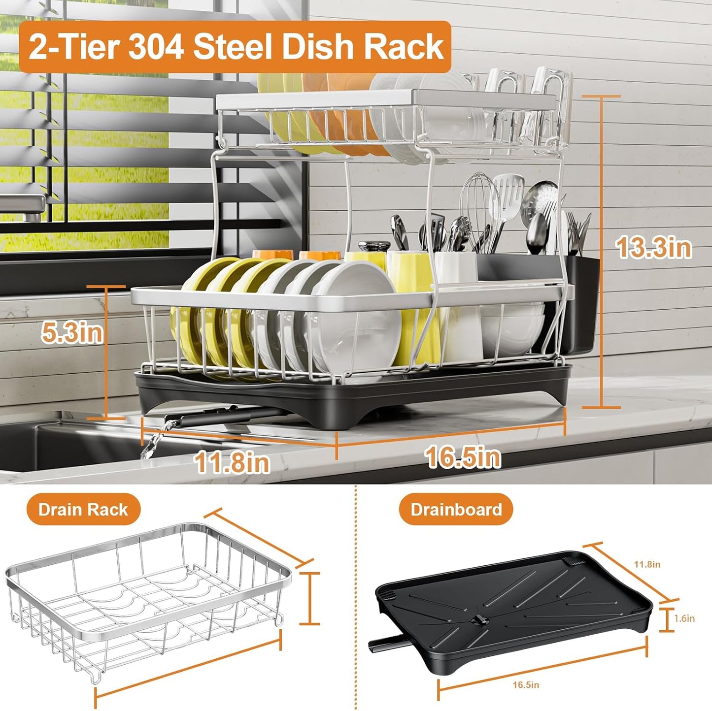 Dish Drying Rack Kitchen 2-Tier 304 Stainless Steel Dish Racks for Kitchen Counter,Dish Strainer with Adjustable Draining Tray,Drying Rack with Water Cup Hook & Cutlery Holder,Black