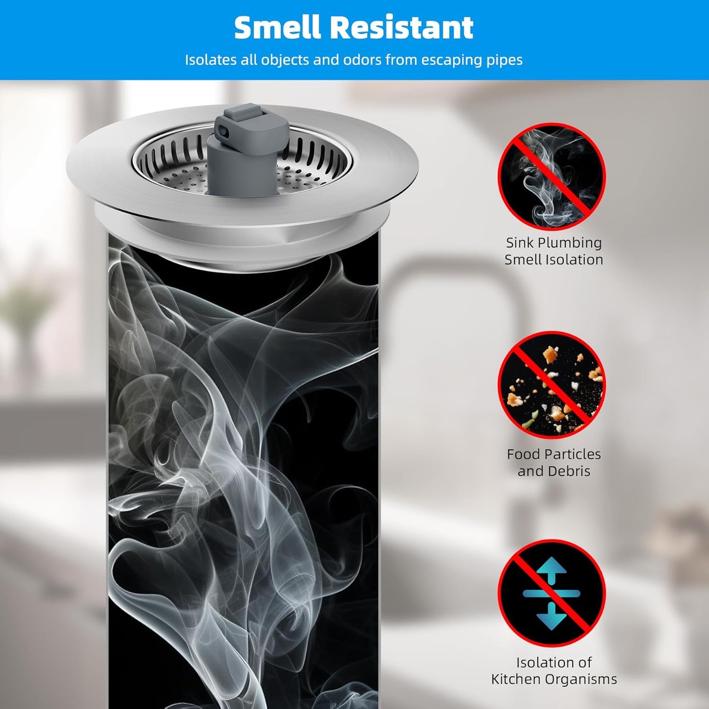 Hibbent 3 in 1 Kitchen Sink Drain Strainer, Stainless Steel Wrapped Shell Drain Stopper Combo, Pop Up Sink Stopper, 3 Anti-Clogging Metal Basket Strainer with Handle for US Standard 3-1/2" Drain