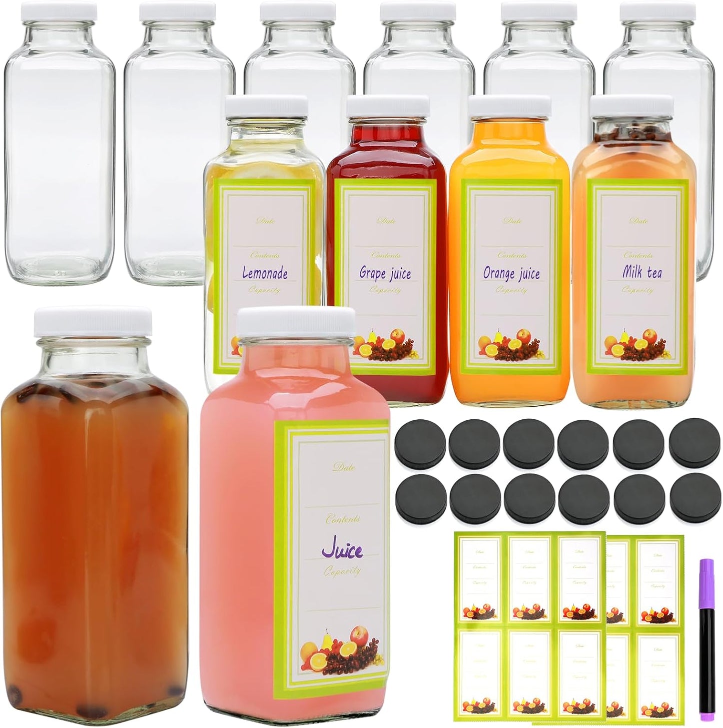 Brajttt Glass Juice Bottles with Lids, 12 OZ Juicing Bottles Reusable Glass, Set of 12 Square Beverage Containers Drinking Jars for Milk,Juice,Tea,Milkshake, Water,Honey,Jam