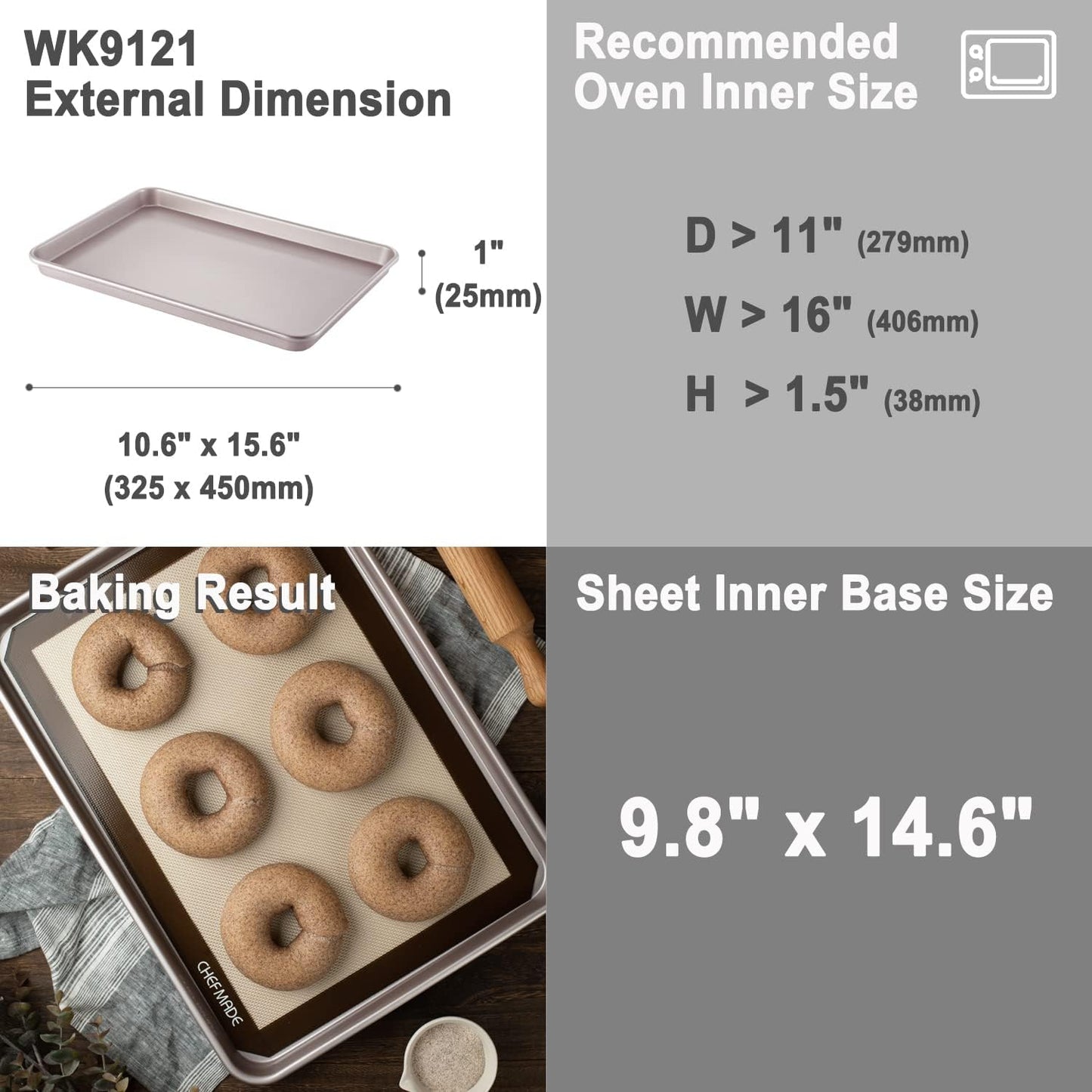 CHEFMADE 15-Inch Baking Sheet Pan, Non-Stick Carbon Steel Rimmed Cookie Sheet Pan for Oven Roasting Meat Bread Jelly Roll Battenberg Pizzas Pastries 10.6" x 15.6" x 1" (Champagne Gold)