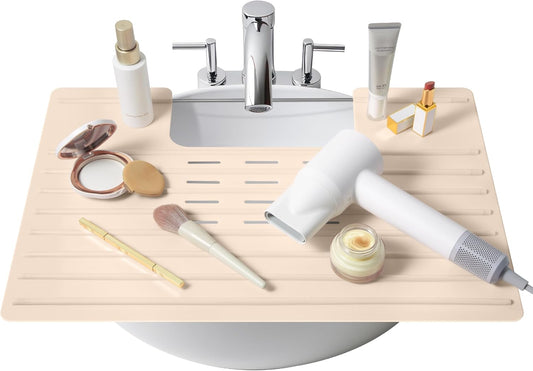 Maplefield Bathroom Sink Cover for Counter Space, Heat Resistant Silicone Sink Mat for Your Beauty Routine, Small Bathroom Space Saver Sink Cover for Makeup (Beige Large, 22 x 2 x 2 Inches)