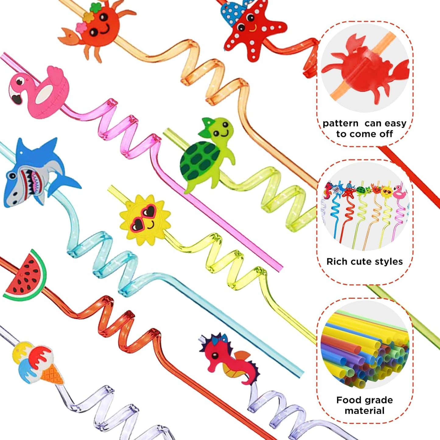 QKP 16PCS Reusable Sea Animal Beach Straws, Swirly Drinking Straws for Party Favors, Birthday Party Supplies with 2 PCS Cleaning Brushes(Pink + Blue)