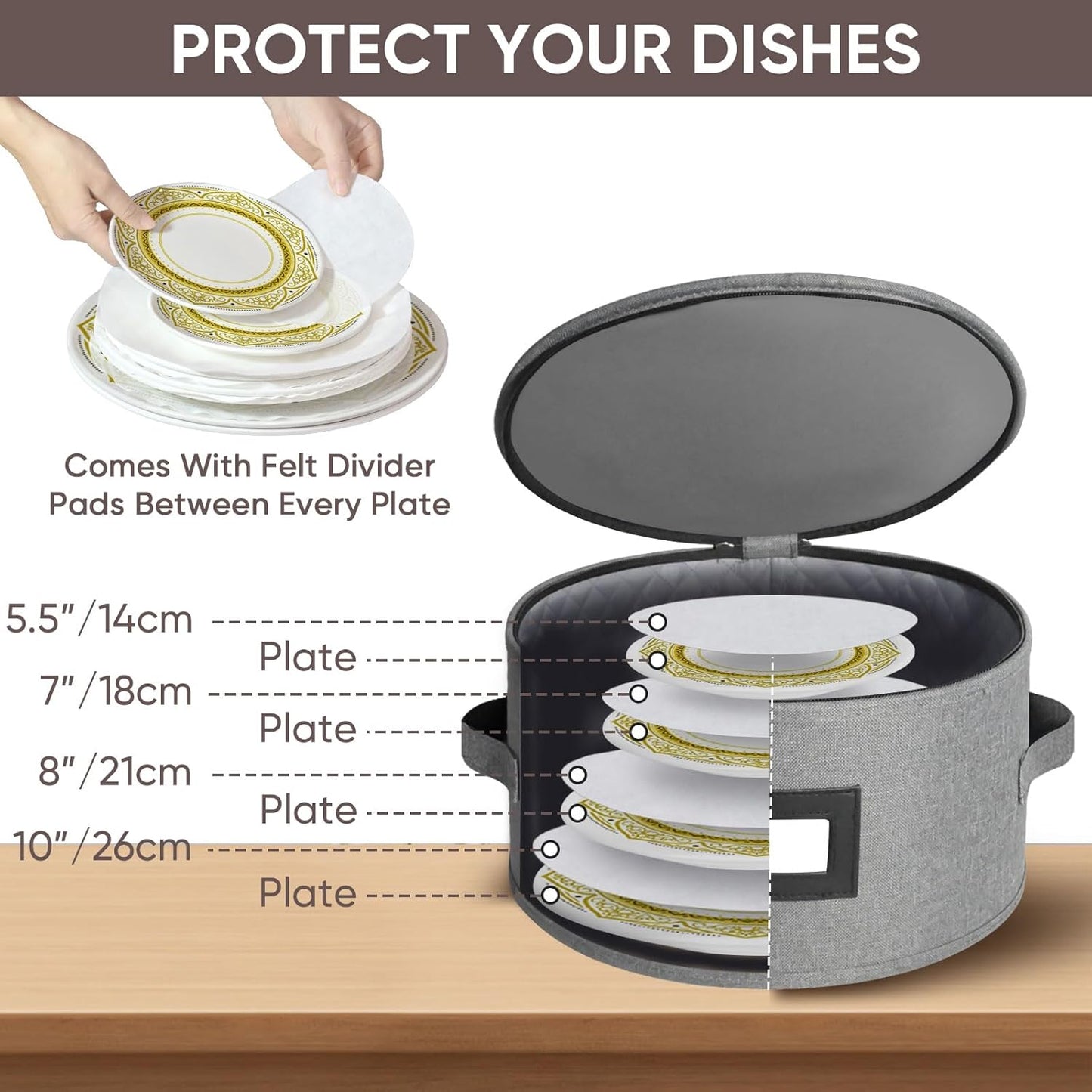 BALEINE China Storage Containers, Sturdy Quilted Wine Glass Storage, Plate Organizer with Carry Handles, Moving Boxes for Dishes, Cups, Mugs and Stemware (Plate, Hard Shell Grey)