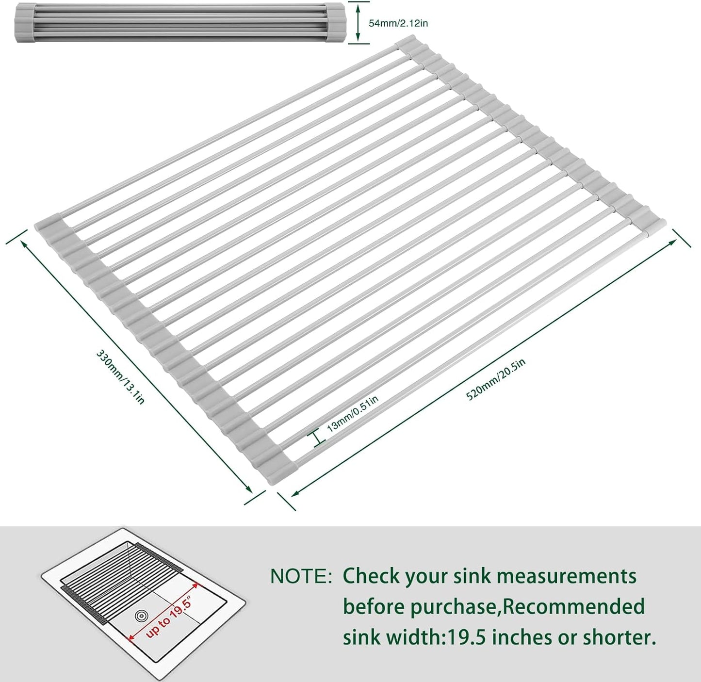 Roll Up Dish Drying Rack Over The Sink Kitchen Roll Up Sink Drying Rack Multipurpose Foldable Sink Drying Mat, Heat-Resistant, Anti-Slip & Anti-Rust Dish Rack for Kitchen, 20.5" x 13", Grey