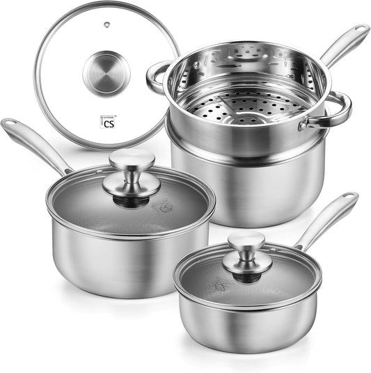 KOCH SYSTEME CS Hybrid Nonstick Stainless Steel Saucepan Set with Steamer Insert, 7PCS Triply Stainless Steel Pot Set 1Qt, 2Qt & 3Qt, 18/10 Steel Sauce Pan Set with Lids, Induction & Oven Safe