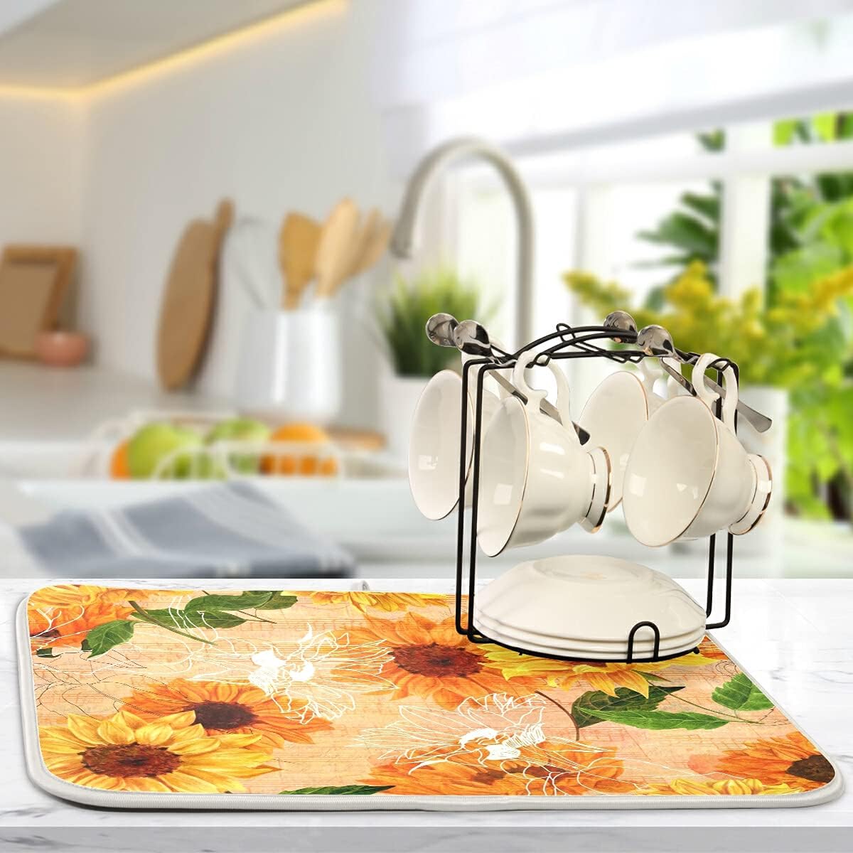 Super Absorbent Dish Drying Mat, Microfiber Fast-Drying Dish Mat, 24" x 18", Kitchen Dish Drying Pad, Watercolor Sunflowers