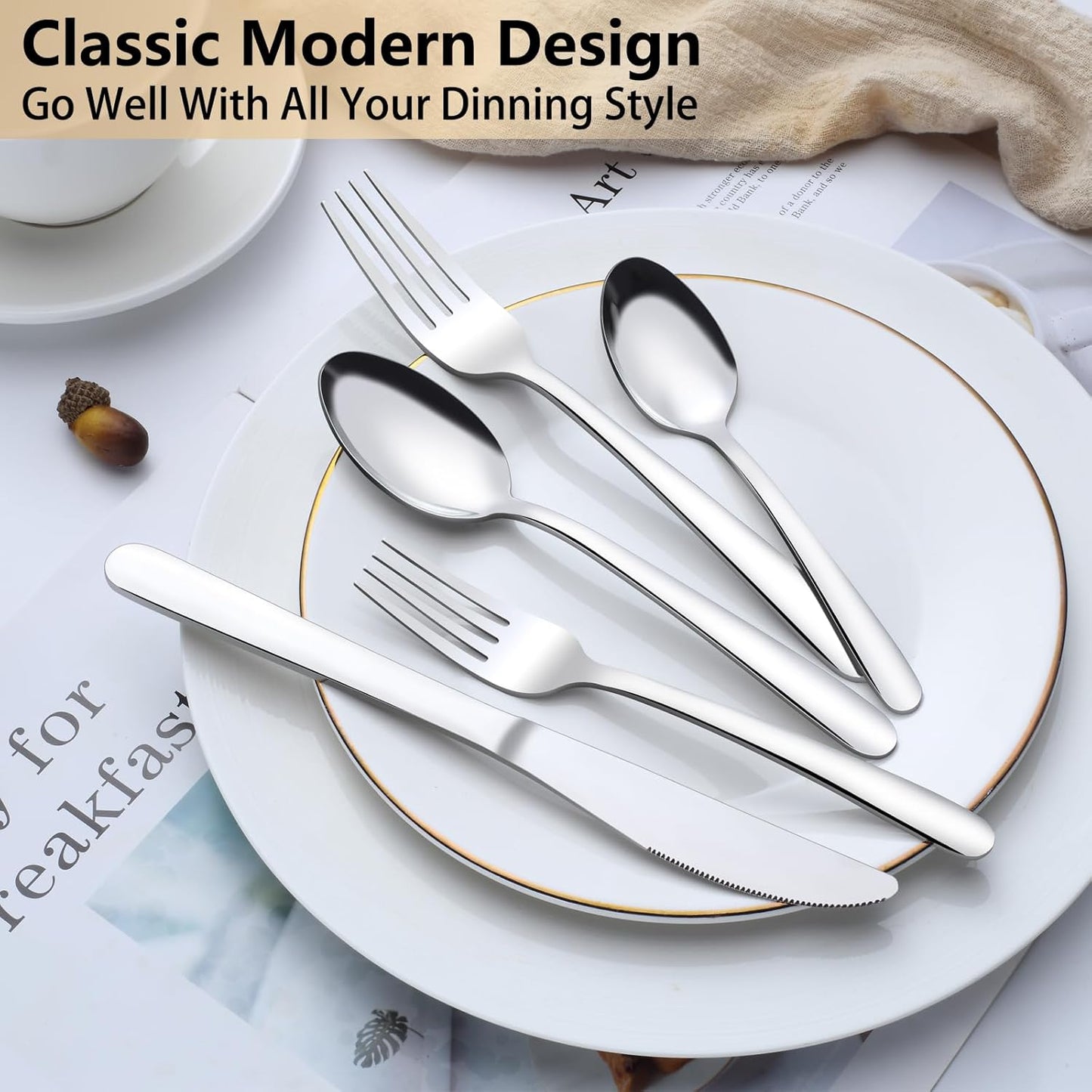 Pleafind 60-Pcs Silverware Set Service for 12, Premium Stainless Steel Flatware Set, Include Forks Spoons and Knives Set, Mirror Polished Cutlery Utensil Set for Home Restaurant, Dishwasher Safe