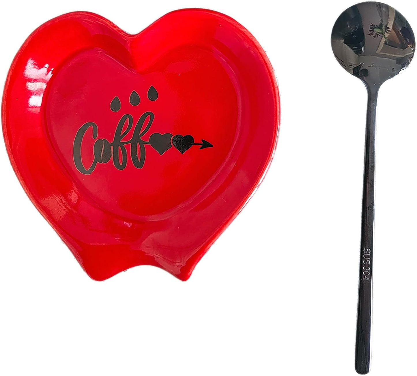 Heart-shaped Coffee Spoon Rest, Mini Coffee Spoon Holder, Small Ceramic Spoon Rest for Coffee Stirrers, Teaspoon, Bar Spoon, Coffee Bar Accessories, Coffee Station (Red+black spoon)
