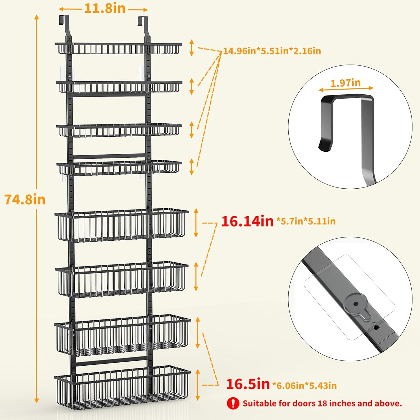Moforoco Over The Door Pantry Organizer, Pantry Door Organizer Shelves, Kitchen Organizers and Storage, Hanging Basket Wall Spice Rack Seasoning Shelves, Laundry Room Bathroom accessories（Black