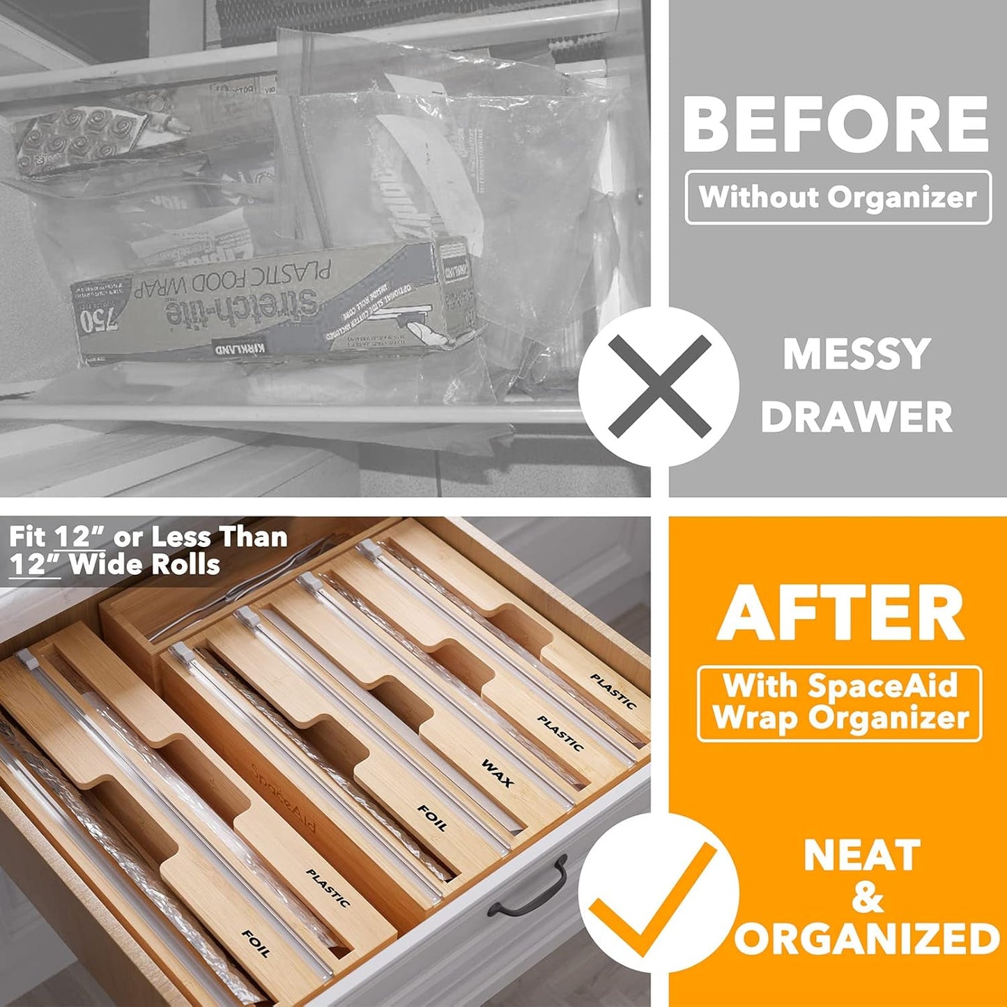 SpaceAid WrapNeat 4 in 1 Wrap Organizer with Cutter and Labels, Plastic Wrap, Aluminum Foil and Wax Bamboo Dispenser for Kitchen Storage Organization Holder for 12" Roll (Natural, 4-Slot)