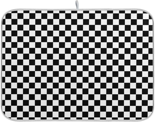 Black White Checkered Pattern Dish Drying Mat for Kitchen Counter Absorbent Microfiber Drying Pad, Large 18x24 in, Reversible Drainer Mats