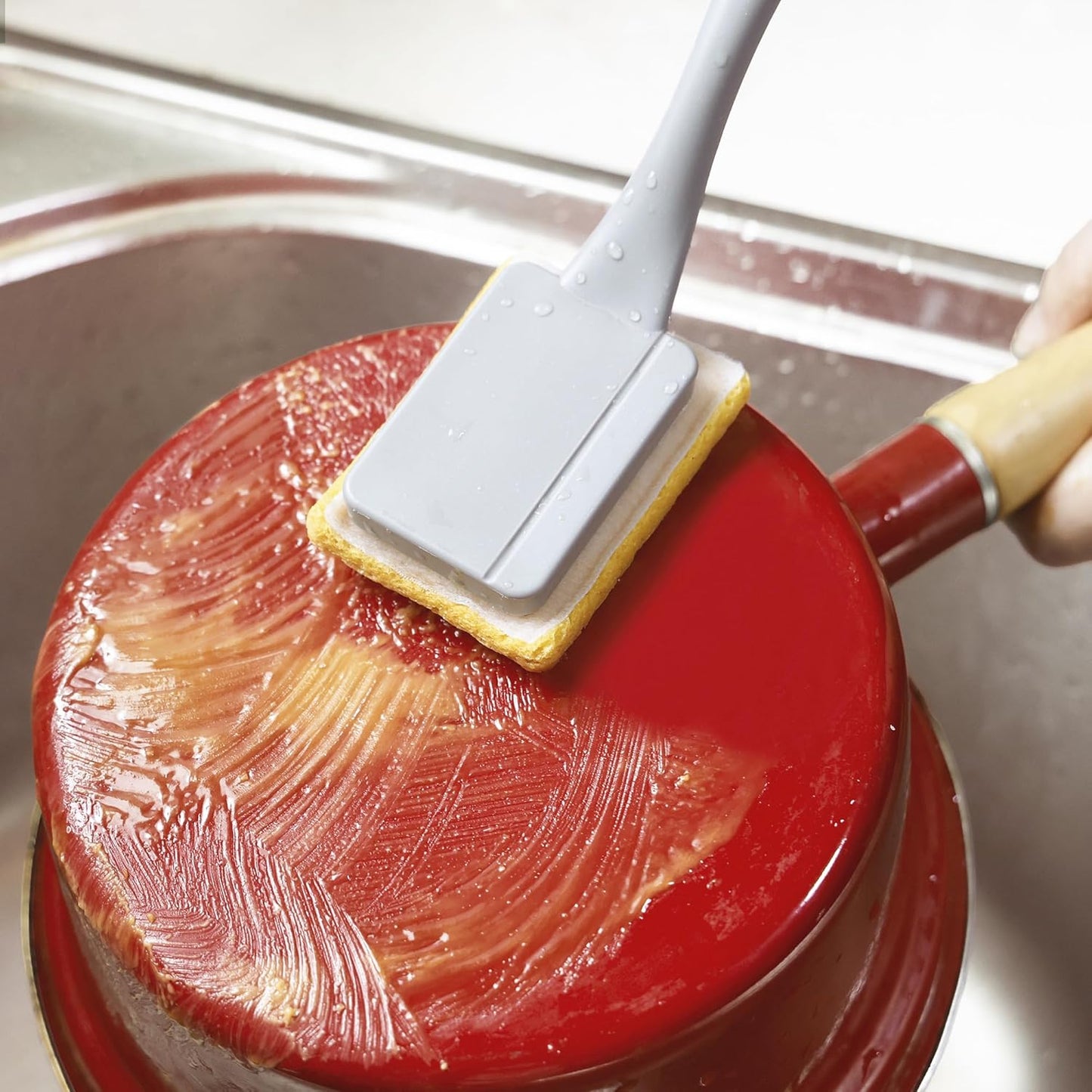 Dish Brush with Handle,Non-Scratch Household Cleaning Brushes Dishwand with 5 Sponge Refills for Pans, Pots, Sink & Tubs,White