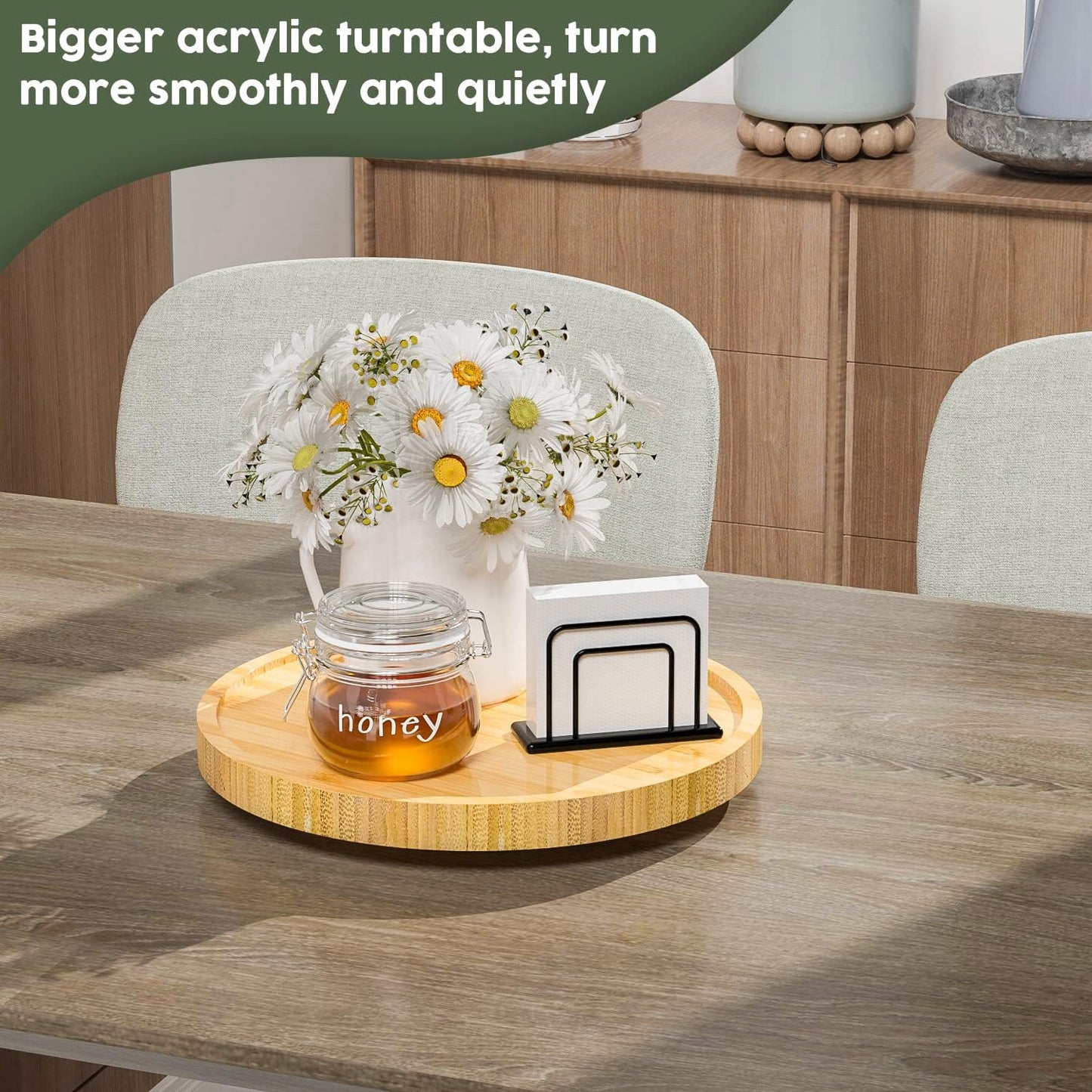 Lazy Susan Organizer, 10 Inch Non-Skid Bamboo Turntable Organizer for Salt Pepper Olive Oil and Spices Next to Stove, Wooden Lazy Susan for Table or Kitchen Countertop Organizer