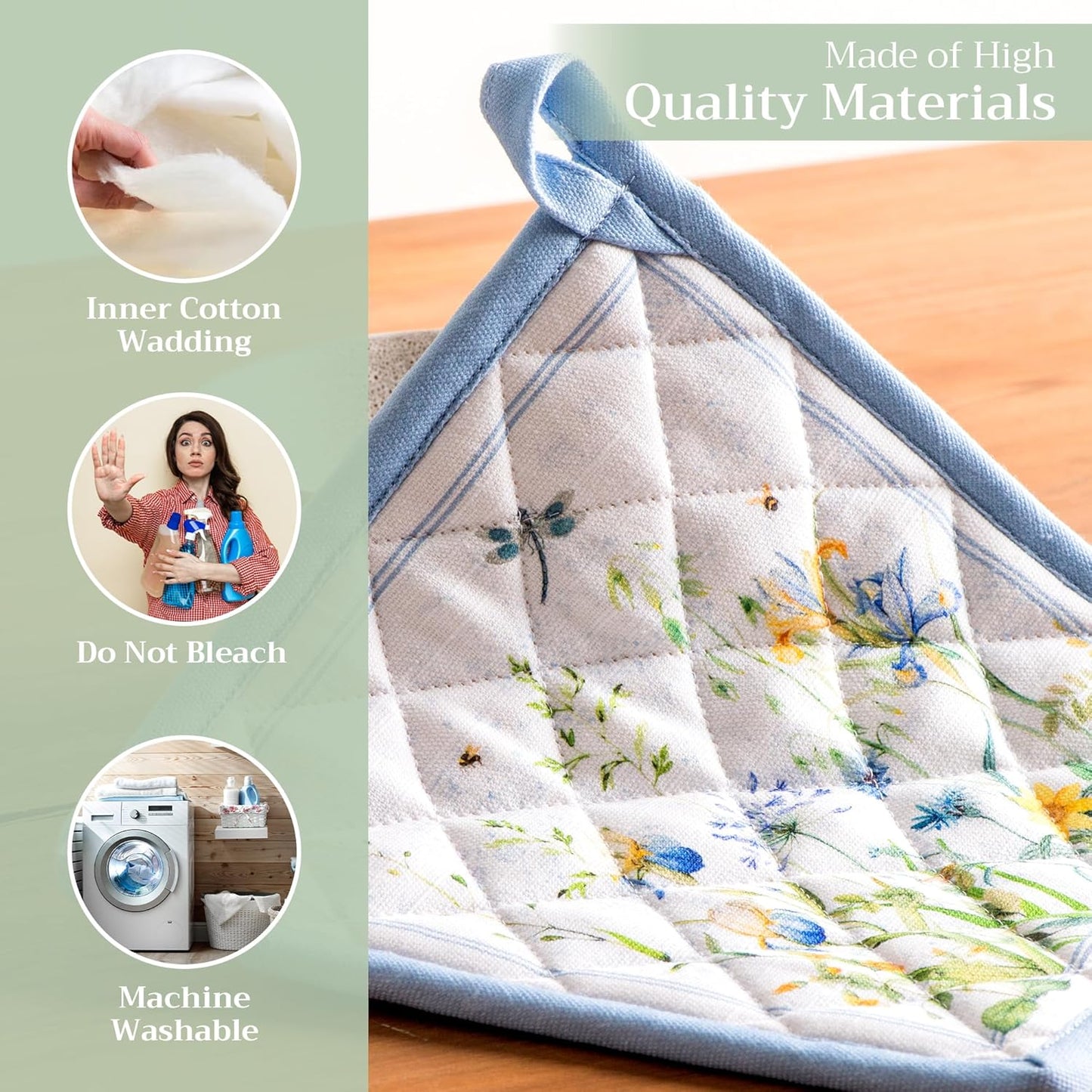 Maison d' Hermine Pot Holders Set 100% Cotton Heat Resistant Potholders 8" x 8" Hot Pads with Loop BBQ, Cooking, Baking, Grilling, Kitchen, Handling Hot Pans Spring/Summer (Pack of 2, Fleurs De Mai)