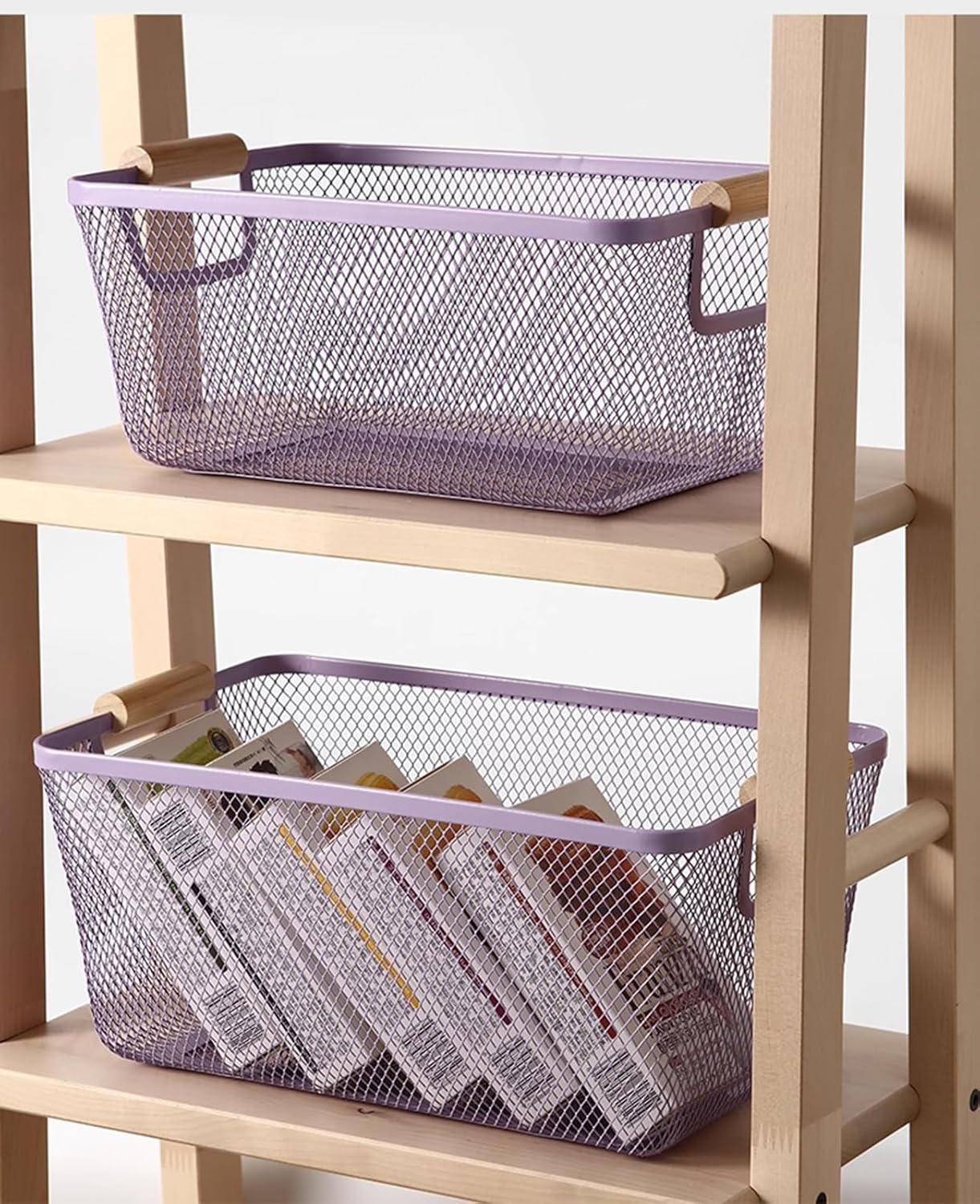 Metal Mesh Steel Basket, Large Wire Storage Organizer Basket Multi-function Hanging Kitchen Baskets with Wood Handle for Kitchen Bathroom Picnic Home, Rectangle-Purple