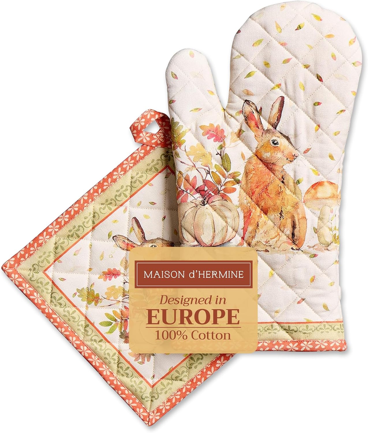 Maison d' Hermine 100% Cotton Oven Mitt & Pot Holder Set (7.5"x13" & 8"x8") Heat Resistant BBQ Cooking Gloves with Loop, Baking, Grilling, Kitchen, Handling Hot Pans (Pumpkin Passion)