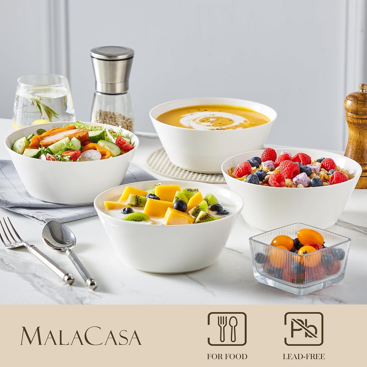 MALACASA 35 OZ Soup Bowls, White Porcelain Bowls Set of 4, Deep Bowls for Kitchen, Large Ceramic Bowls for Soup, Cereal, Salad, Ramen and Fruit, Dishwasher & Microwave Safe, Series Regular