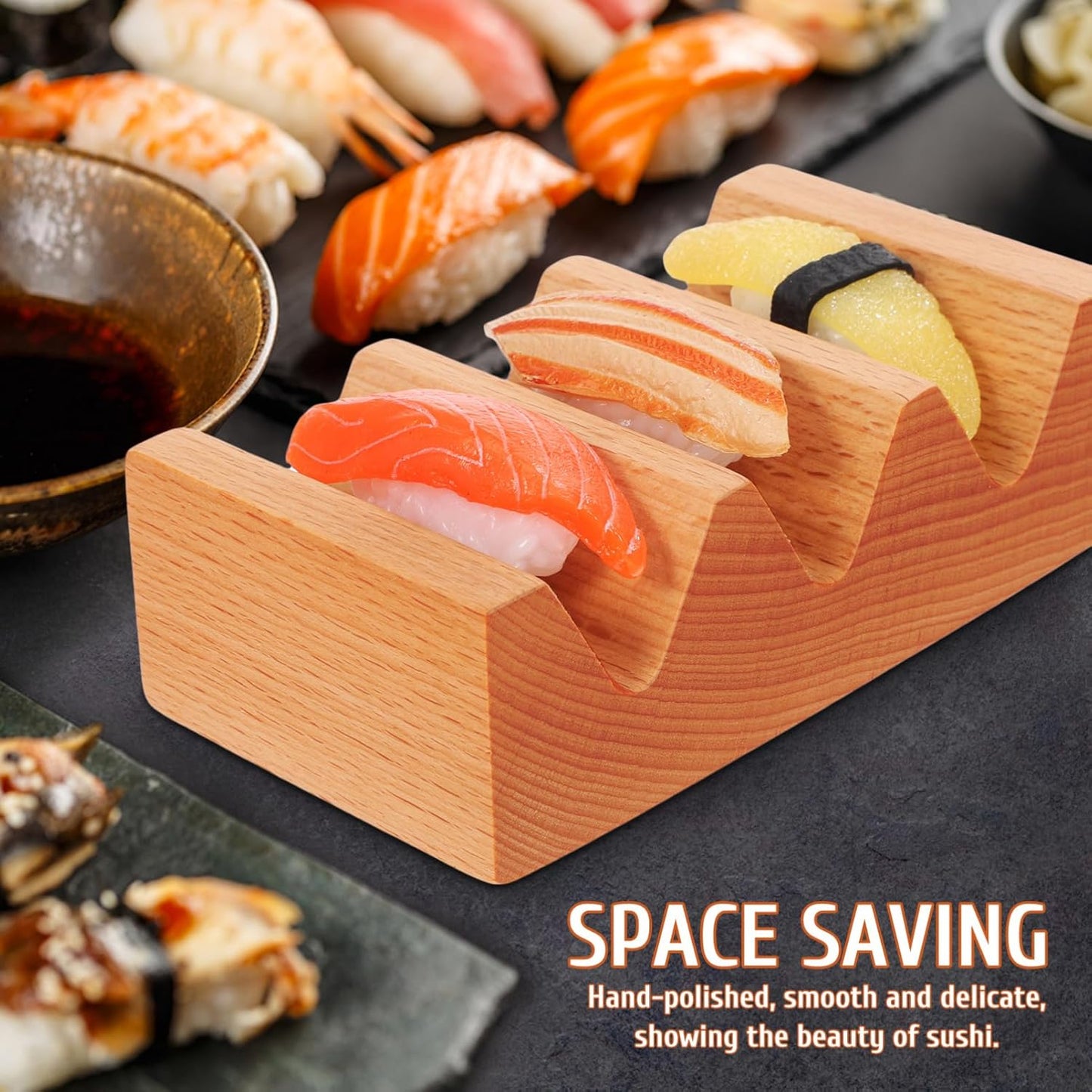 Kichvoe Sushi Holder Wooden Serving Stand: Taco Holder Sushi Rack with 3 Slots - V Shaped Japanese Cuisine Serving Tray for Kitchen Counter Or Dining Table, 5.11 * 2.87 * 1.69inch