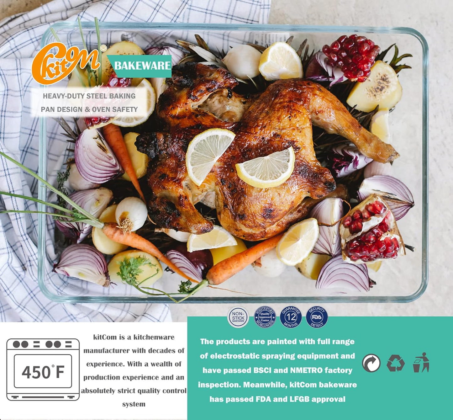 KitCom Bakeware Nonstick Carbon Steel Roaster with Flat Rack and V-Rack, 0.8MM Thickness Textured Base, Champagne Gold