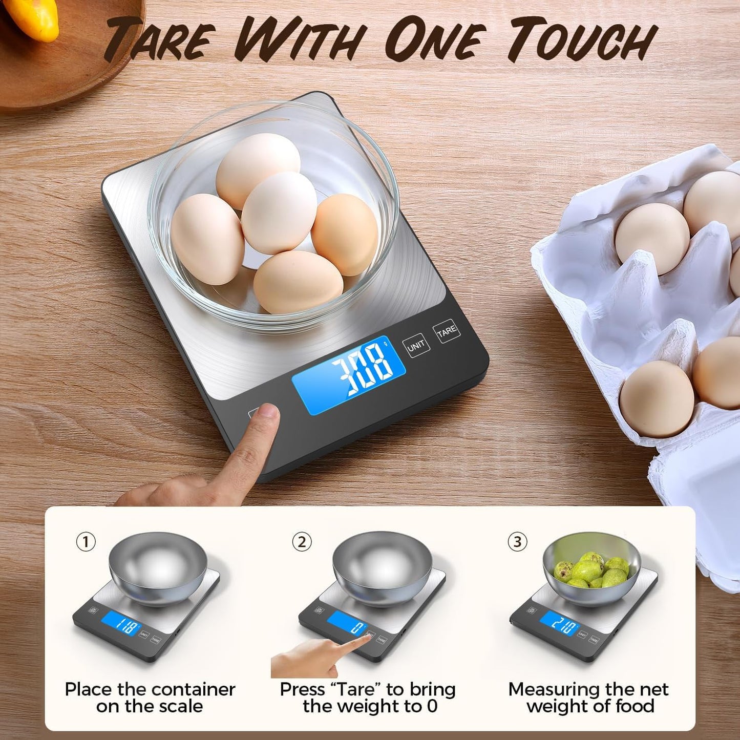 NASA-Grade 33lb Digital Kitchen Scale, Precisely Measures Grams and Ounces for Baking and Cooking,304 Stainless Steel