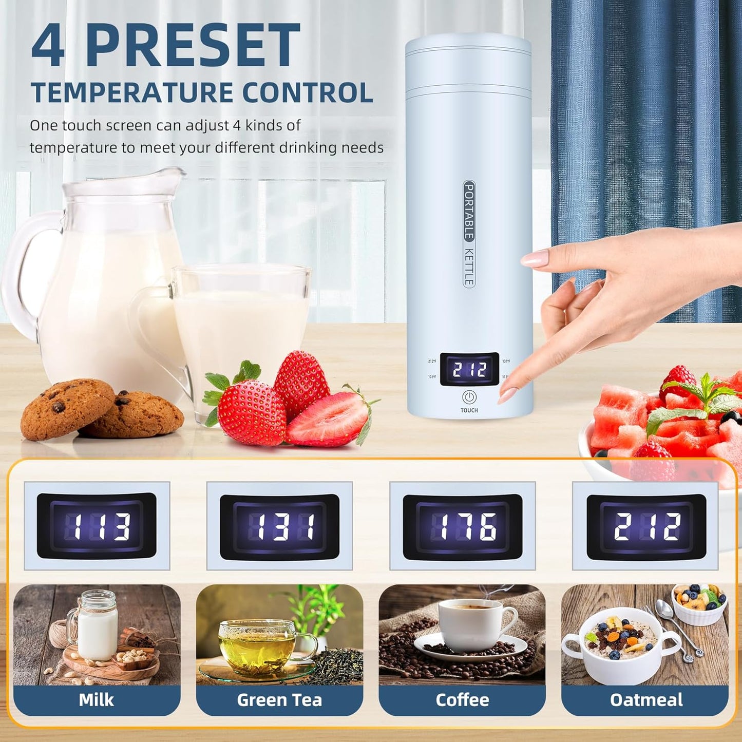 Travel Electric Kettle Portable Small Mini Tea Coffee Kettle Water Boiler, Water Heater with 4 Temperature Control,304 Stainless Steel with Auto Shut-Off & Boil Dry Protection, BPA-Free (Blue)