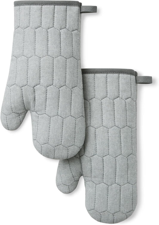 MARTHA STEWART Honeycomb Quilted Chambray Oven Mitt 2-Pack Set, 100% Cotton, Heat Resistant, Flexible Grip, Grey, 7"x13"