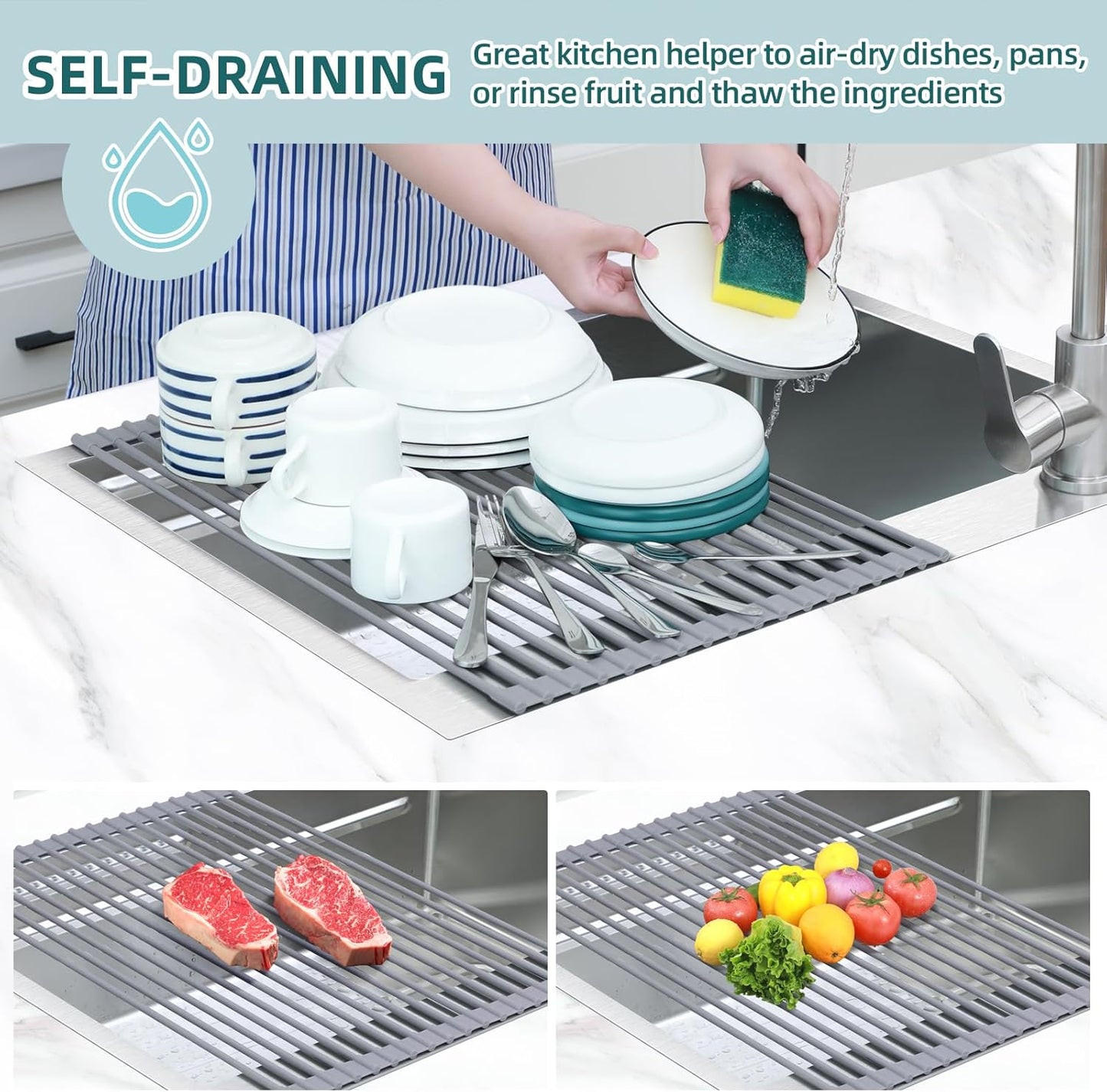 Ohuhu Dish Drying Rack Over The Sink, Roll Up Sink Rack 20.5" W x 13.1" L Rolling Dish Drainer Foldable Accessories Heat-Resistant Mat Anti-Slip Silicone Coated for Kitchen Counter