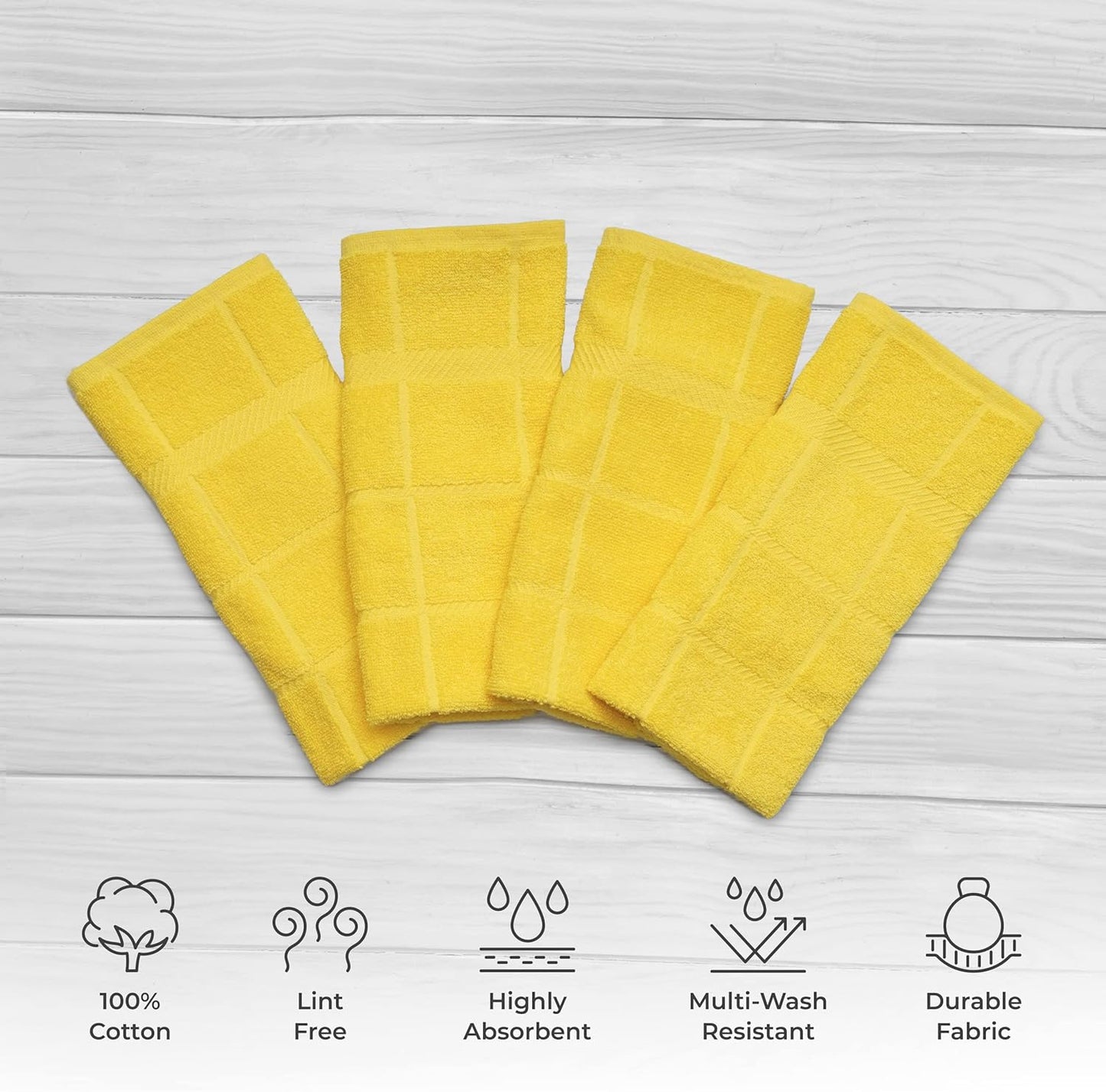 100% Cotton Terry Dish Towels, 4 Pack Plain, 16 x26 Inches, Super Soft and Absorbent Kitchen Towels, Perfect for Kitchen Cleaning and Dish Washing | Yellow