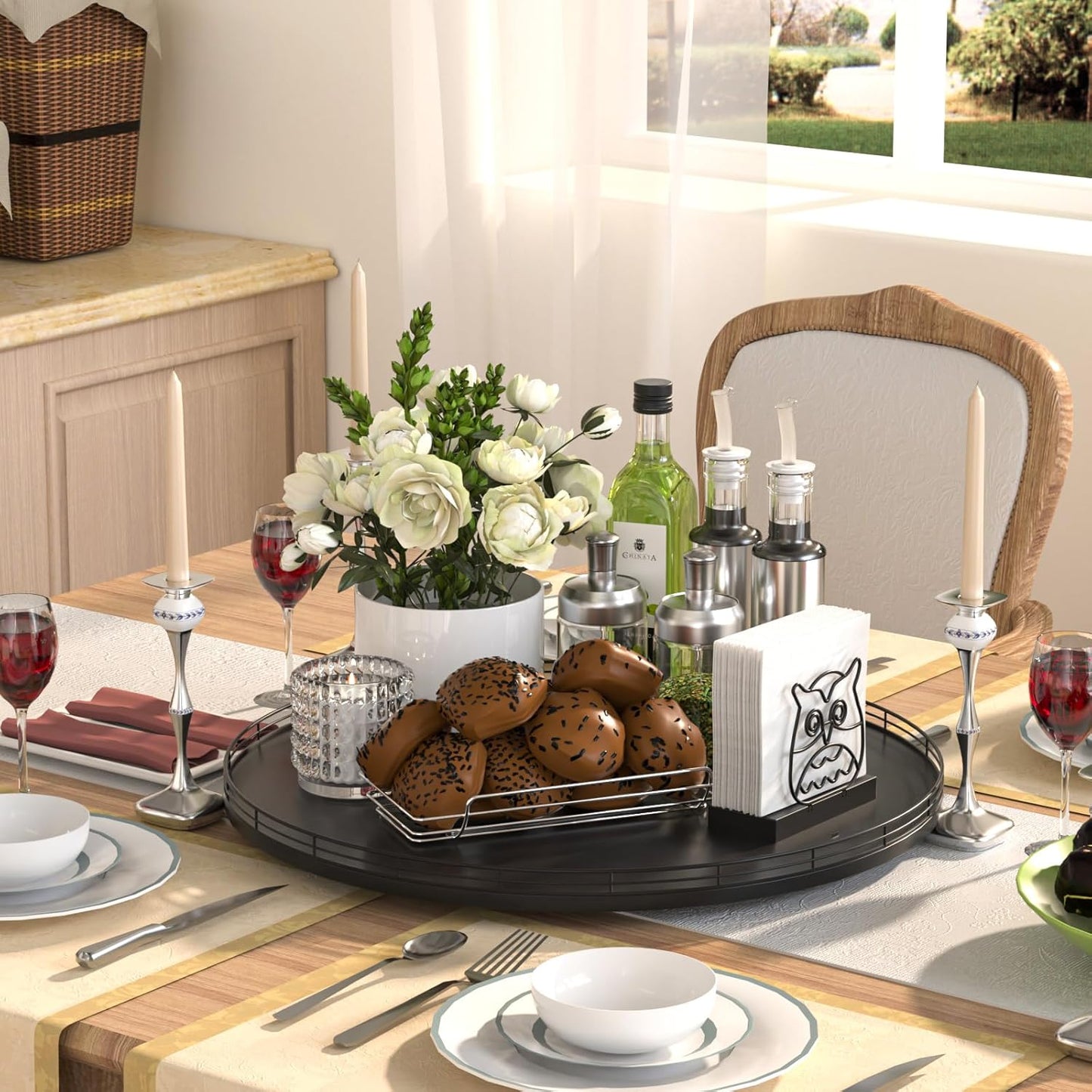 18" Oak Wooden Lazy Susan Turntable for Dining Table, Large Round Lazy Susans Organizer for Kitchen Countertop, Tabletop 360°Rotating Tray for Spice Organization and Storage Black Home Decor