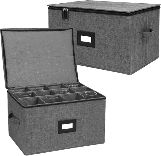 Mayniu Wine Glass Storage Box 2 Pack, Stemware Storage Containers Cases, Glassware Storage for 24 Crystal Glasses, Hard Shell Top Sides Bottom and Stackable (17'' x 13'' x 10'', Black)