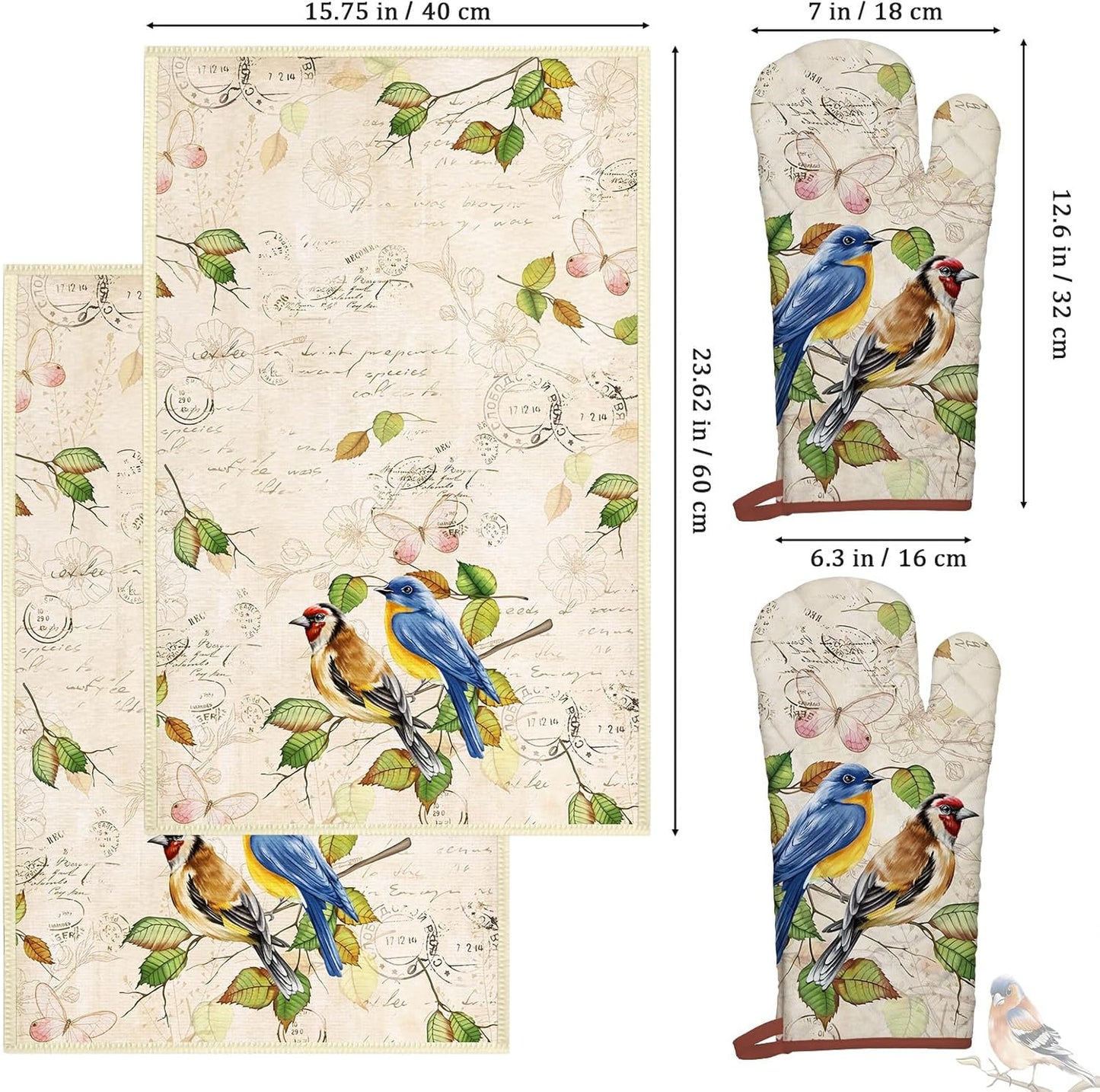 Vintage Bird Kitchen Towels and Oven Mitts Set 4Pcs, Soft Absorbent Dish Cloth Heat Resistant Oven Gloves for Cooking Baking Kitchen Decoration, Gifts for Her