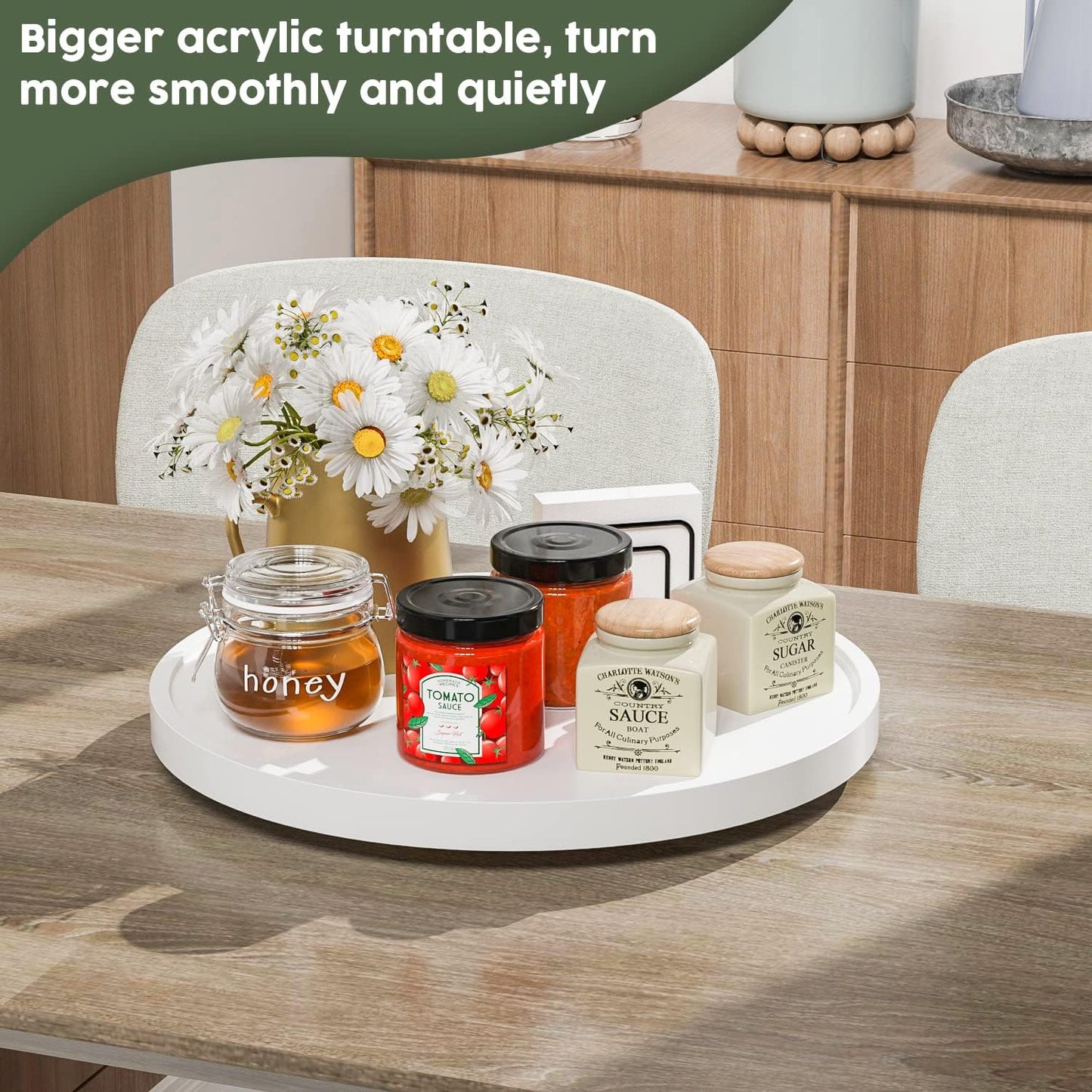 White Lazy Susan, 13.2 Inch Non-Skid Bamboo Turntable for Kitchen Table Cabinets and Closets, Wood Organizer for Kitchen Countertop