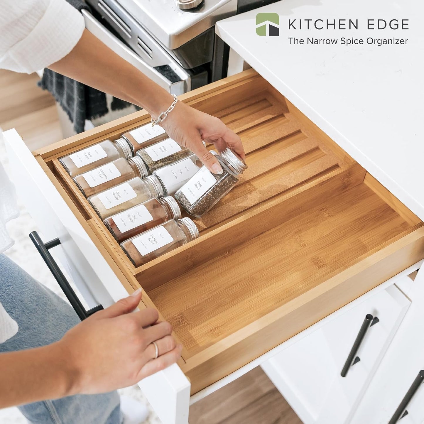 KitchenEdge Spice Drawer Organizer with Expandable Storage. Holds up to 15 Spice Jars (Not Included), Non-Slip Feet, Kitchen Accessory Storage, 100% Sustainable Bamboo Wood