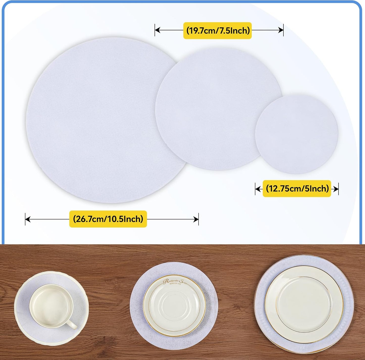 Imncya Plate China Storage Separators, 120-Piece with 3 Different Sizes, Thick and Premium Soft Felt Plate Dividers for China, Dish, Coffee Saucers Protecting and Stacking - White