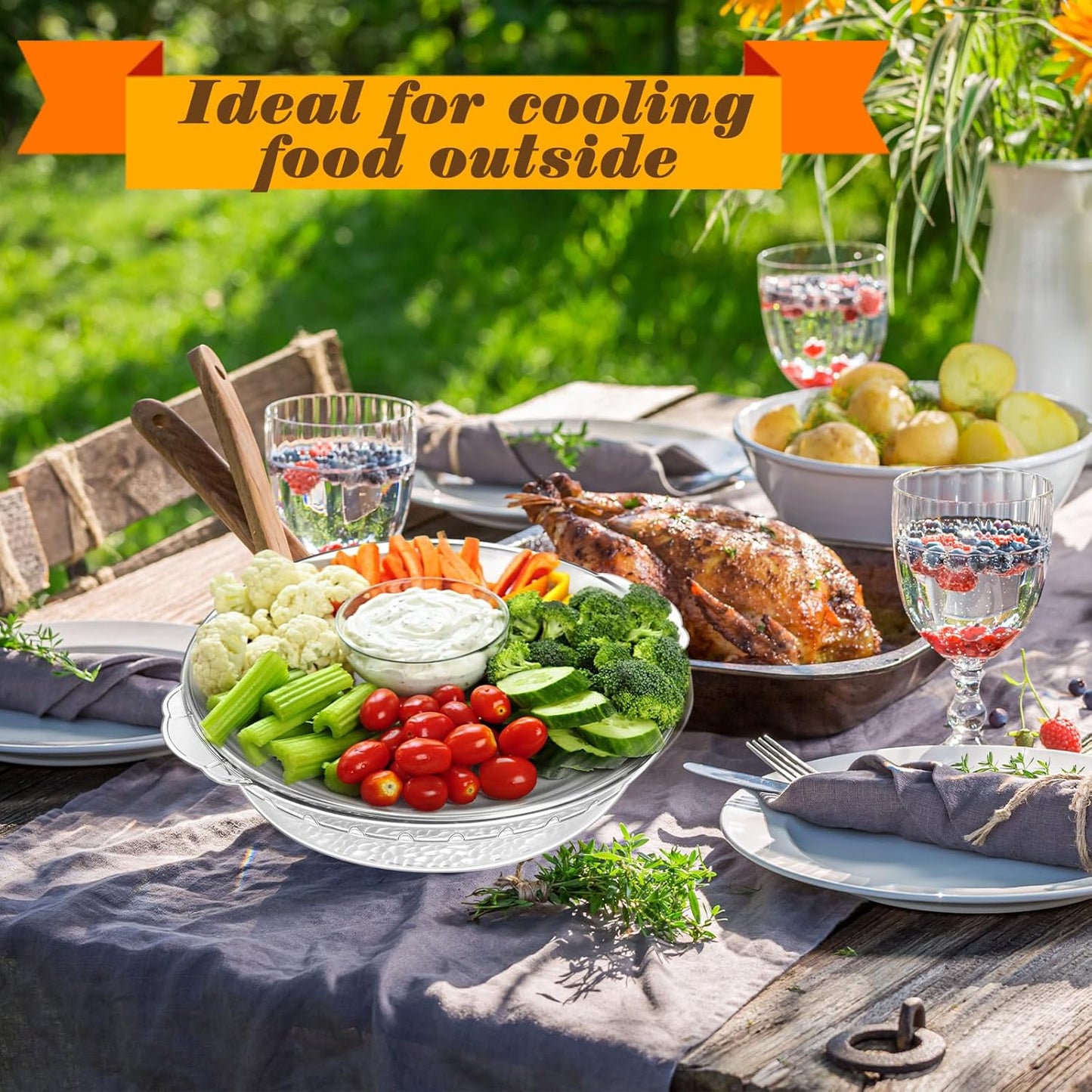 Baderke 6 Set 11.8" Chilled Serving Tray for Parties with Compartments Ice Chilled Party Platter Charcuterie Serving Board Cold Dish Dip for Fruit Seafood Vegetable Shrimp Cocktail (Natural)