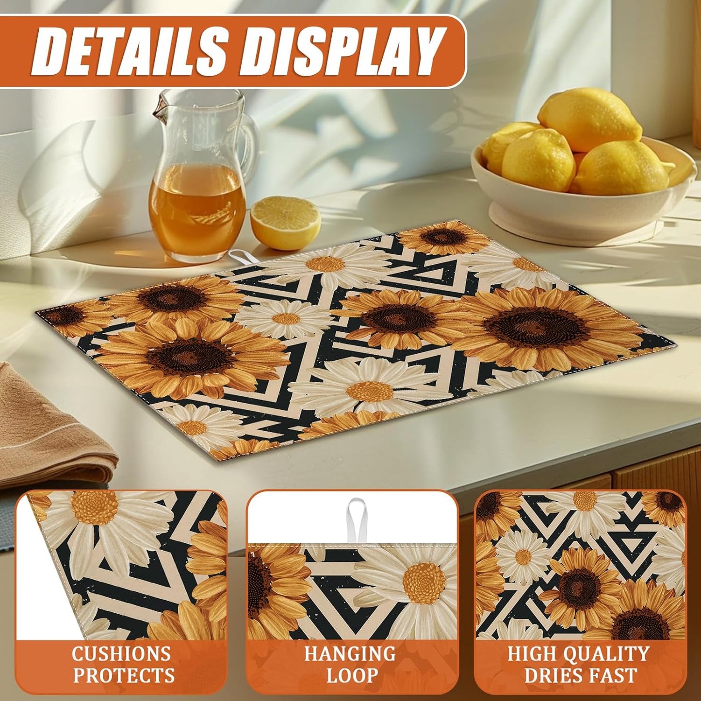 Vintage Sunflower Daisy Dish Drying Mat for Kitchen Counter Microfiber Absorbent Dish Kitchen Drying Mat Draining Reusable Washable for Dishes/Utensils/Counterto