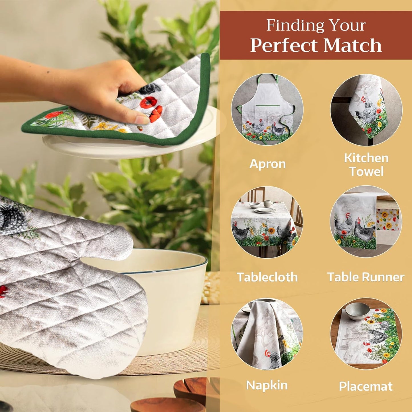 Maison d' Hermine Pot Holders Set 100% Cotton Heat Resistant Potholders 8" x 8" Hot Pads with Loop BBQ, Cooking, Baking, Grilling, Kitchen, Handling Hot Pans Spring/Summer (Pack of 2, Basse Cour)