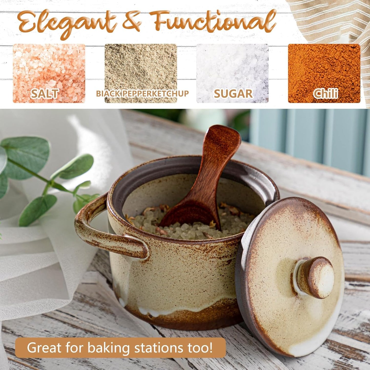 Honeydak Speckled Ceramic Salt Cellar with Lid and Wooden Spoon, Rustic Farmhouse Salt Pepper Cellar Holder for Housewarming Gift, Heavyweight Spices Jar for Kosher, Sea, Sugar(Retro Color)